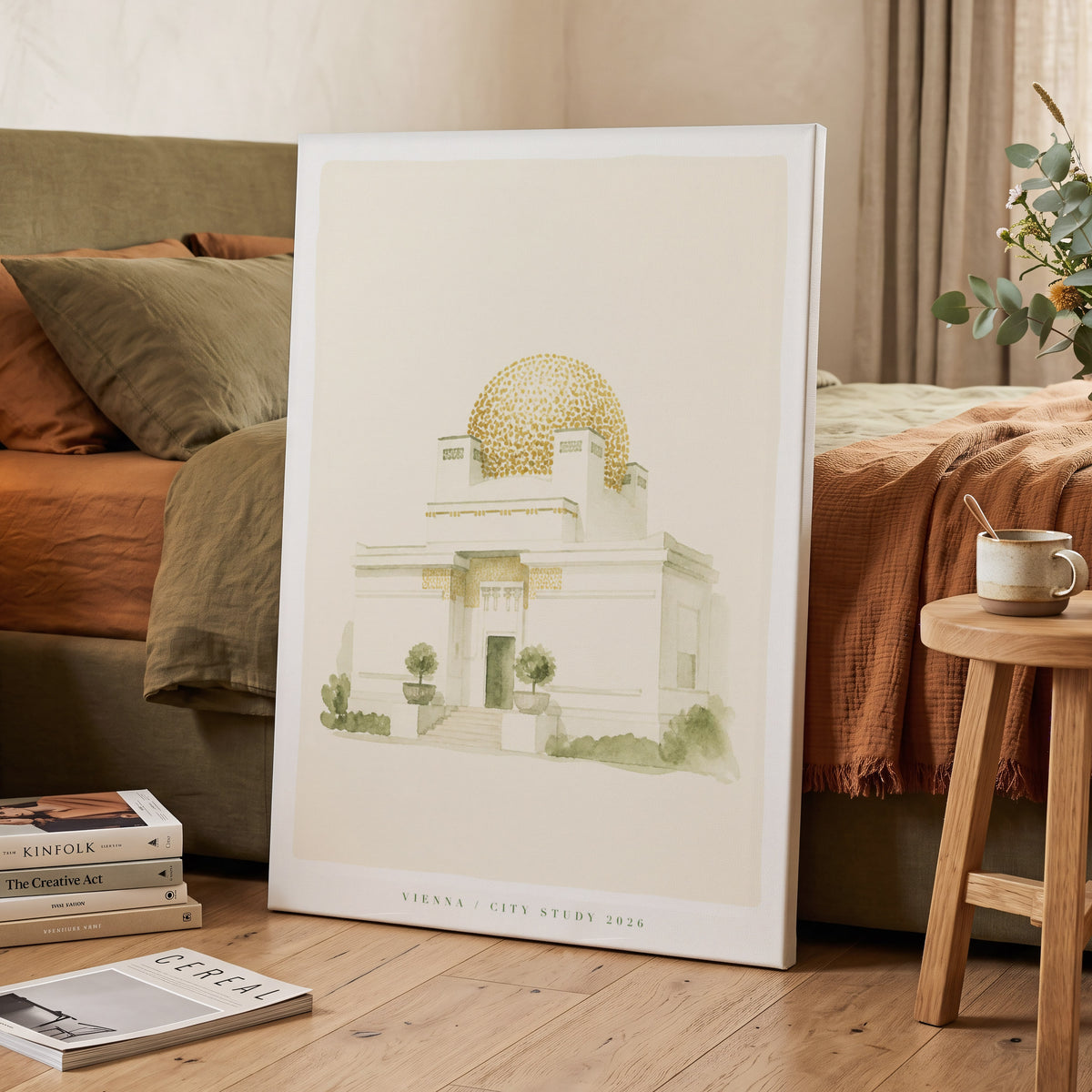 Vienna Gilded Pavilion, beige, gold, green minimalist wall art on canvas displayed in a styled interior, gallery view 2