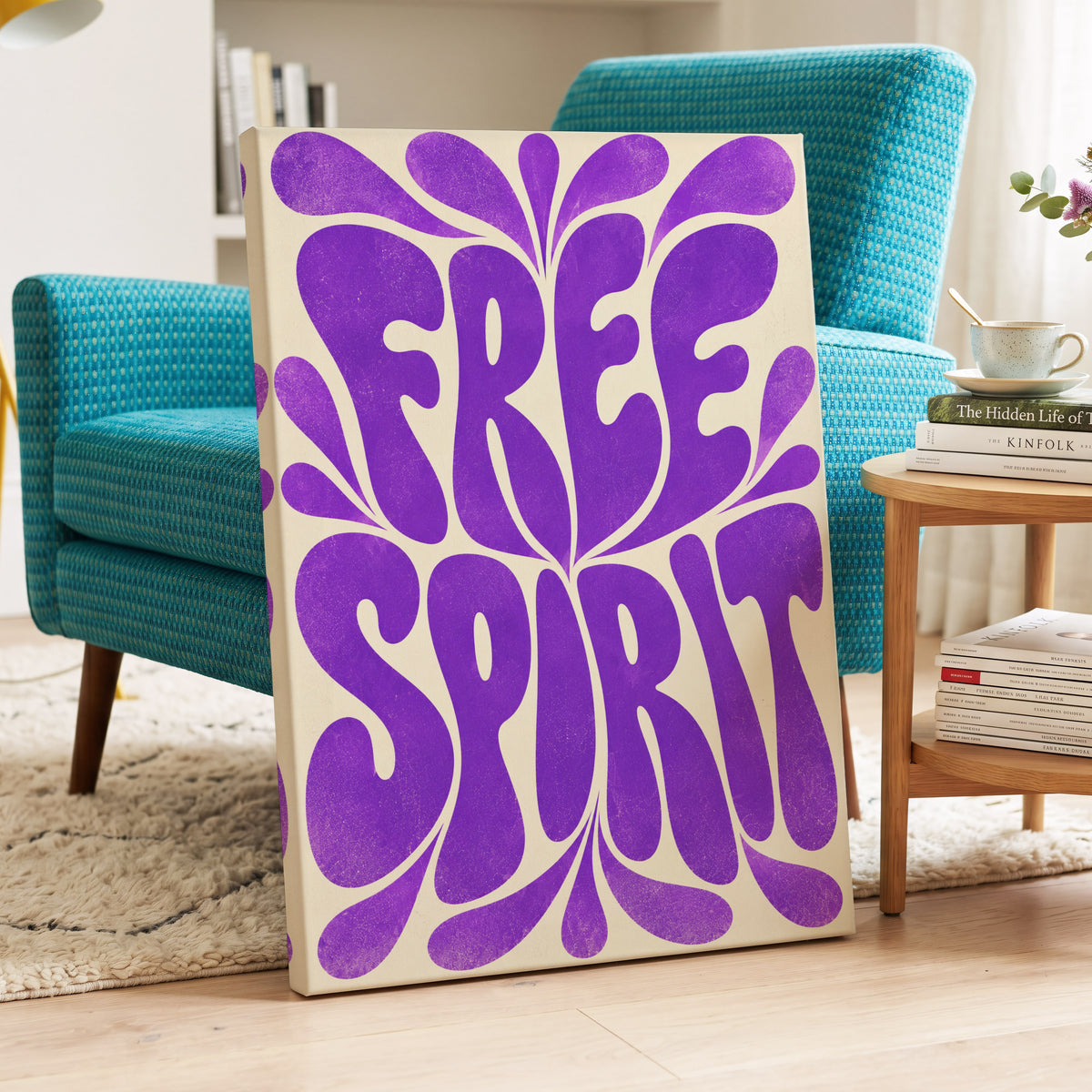 Violet Free Spirit, purple, beige abstract wall art on canvas displayed in a styled interior, gallery view 2