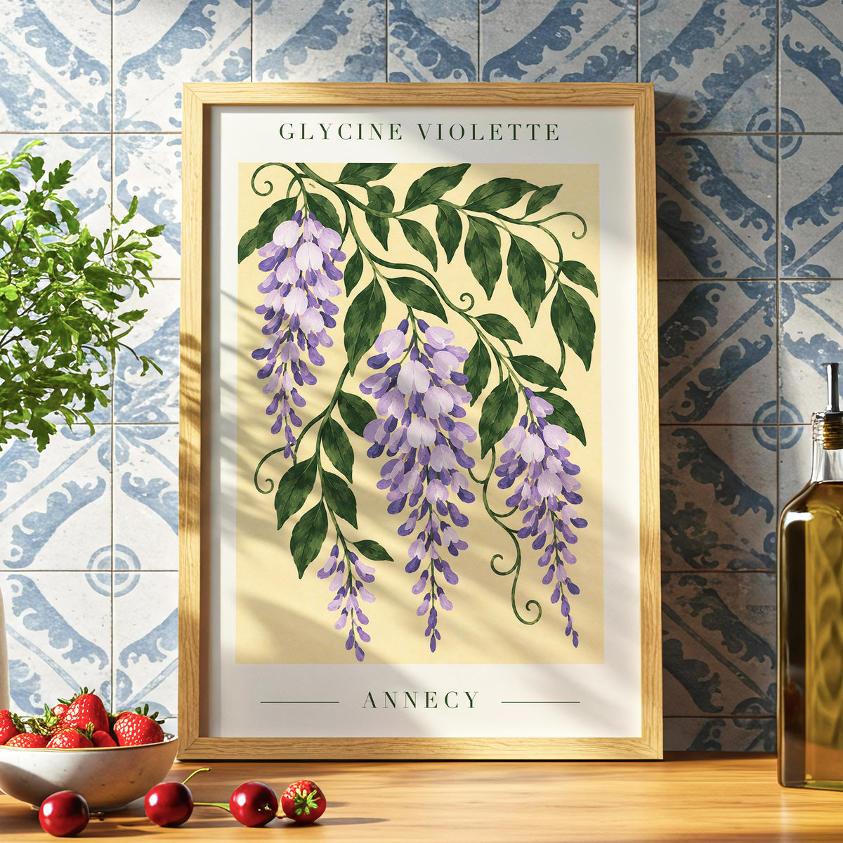 Violet Vines of Annecy, purple, green, beige floral wall art displayed in a styled interior, gallery view 9