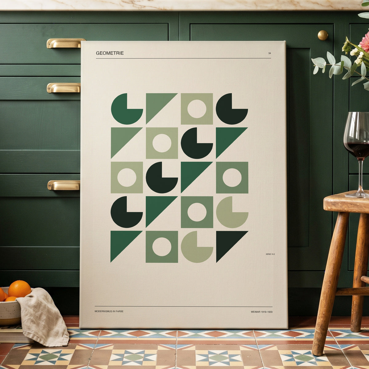Weimar Geometry, green, beige, black minimalist wall art on canvas displayed in a styled interior, gallery view 2