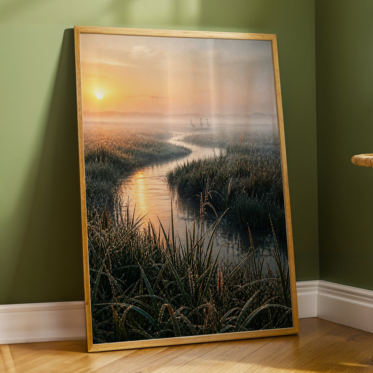 Where the Marsh Wakes, green, gold, orange nature wall art displayed in a styled interior, gallery view 9