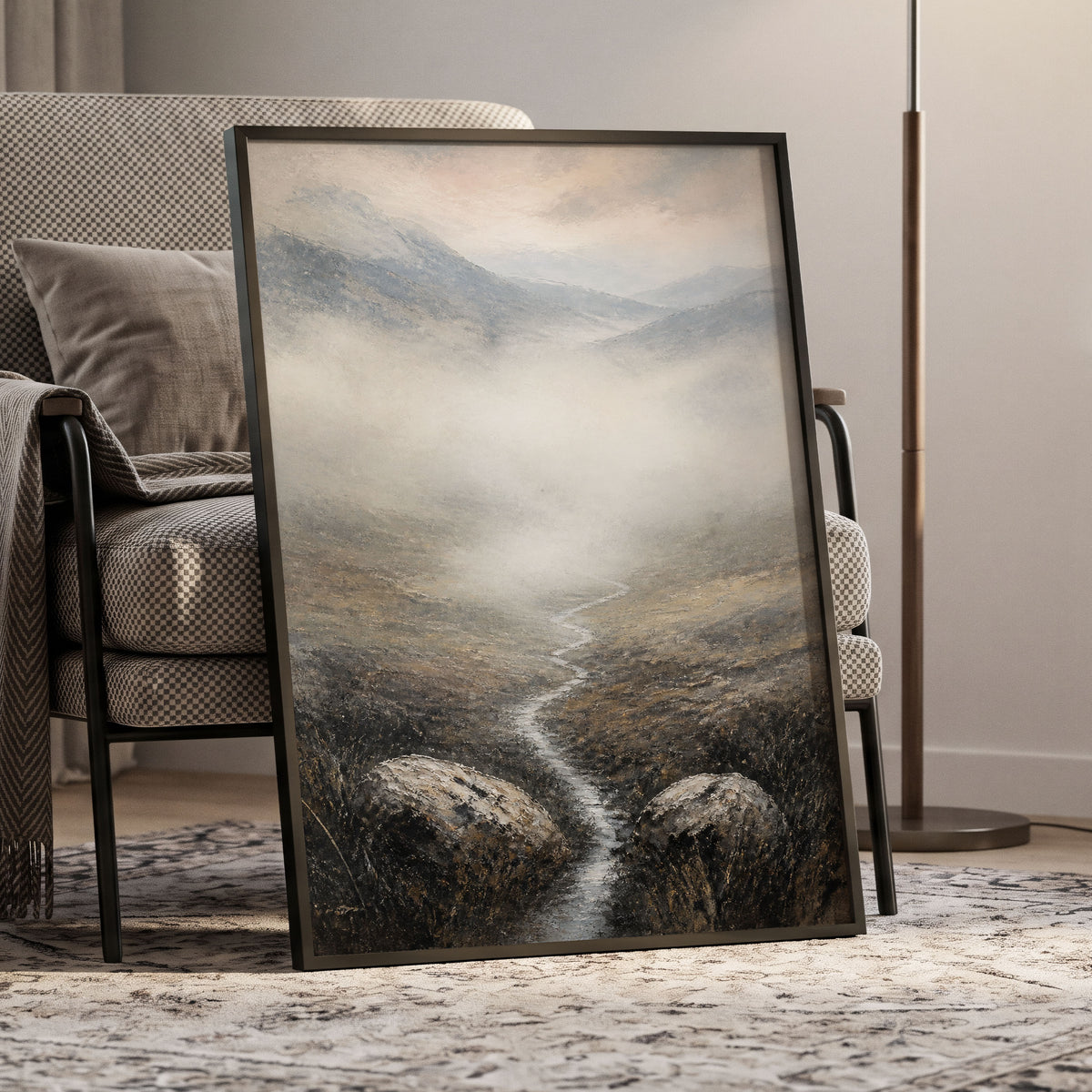 Where the Mist Wanders, gray, beige, brown nature wall art displayed in a styled interior, gallery view 9