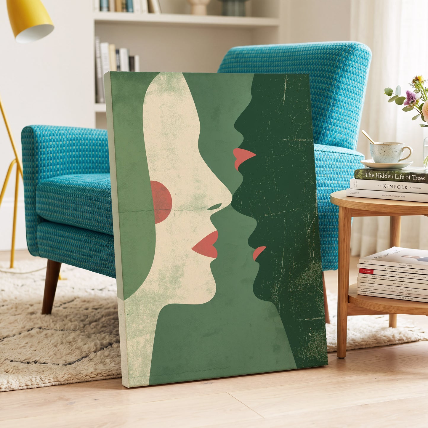 Whispered Profiles, green, beige, red minimalist wall art on canvas displayed in a styled interior, gallery view 2