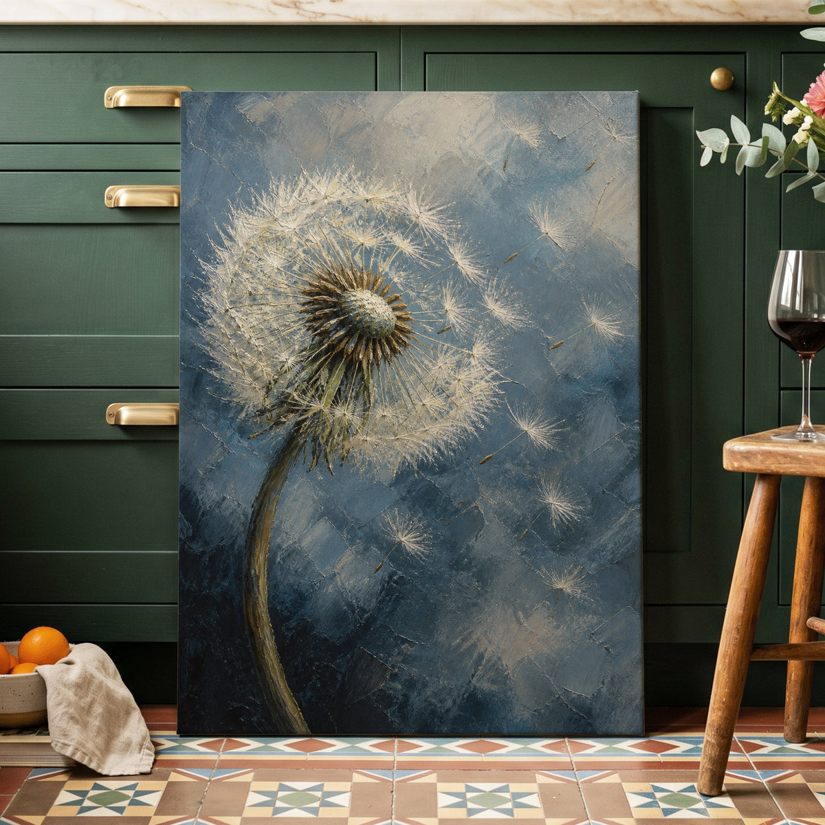 Whispers on the Wind, blue, white, brown floral wall art on canvas displayed in a styled interior, gallery view 2