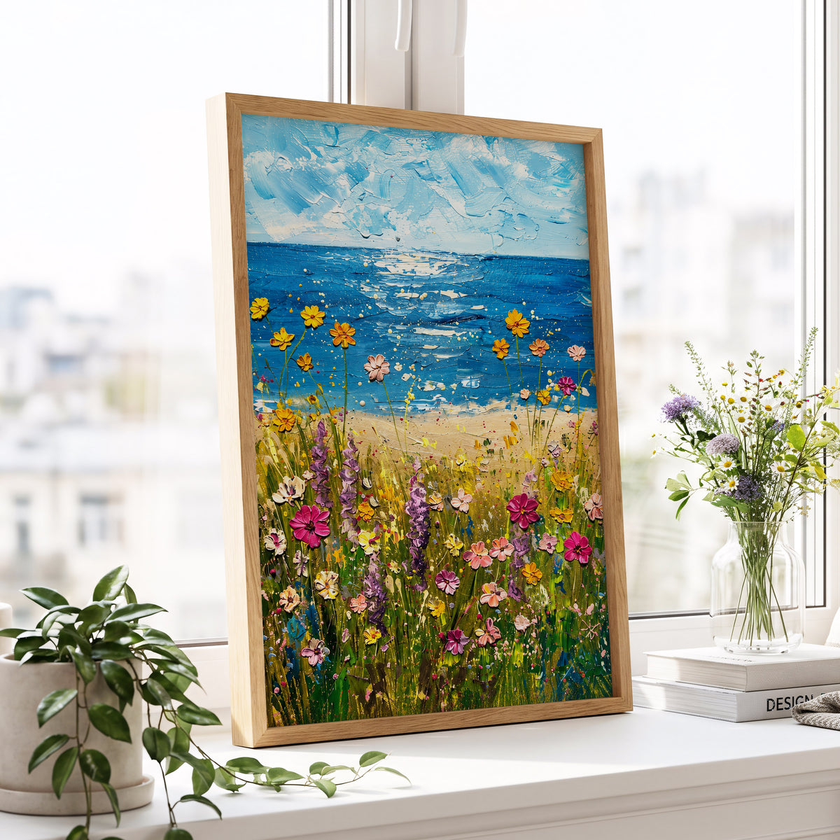 Wildflower Tide, blue, green, yellow floral wall art displayed in a styled interior, gallery view 9