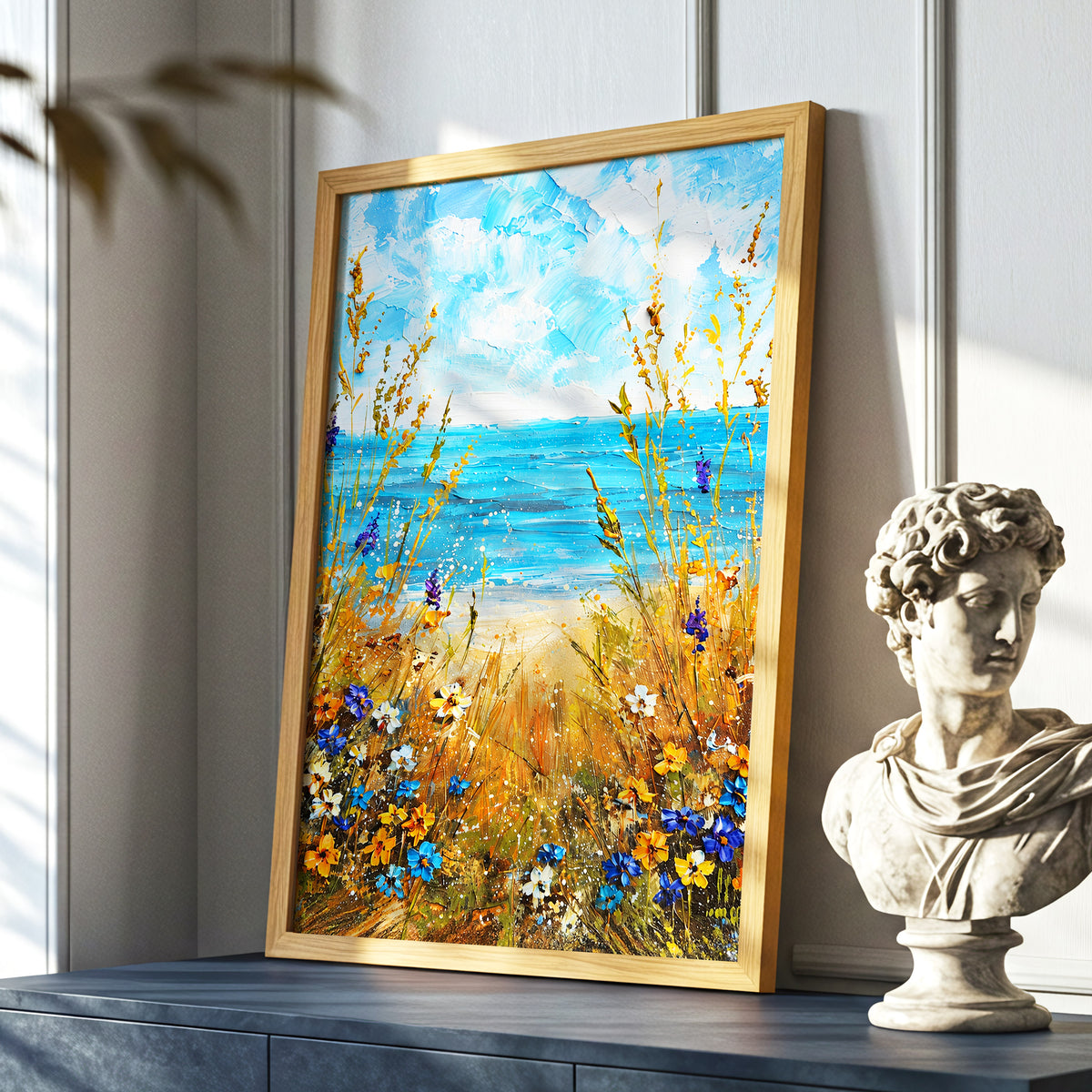 Wildflowers by the Tide, blue, gold, orange nature wall art displayed in a styled interior, gallery view 9