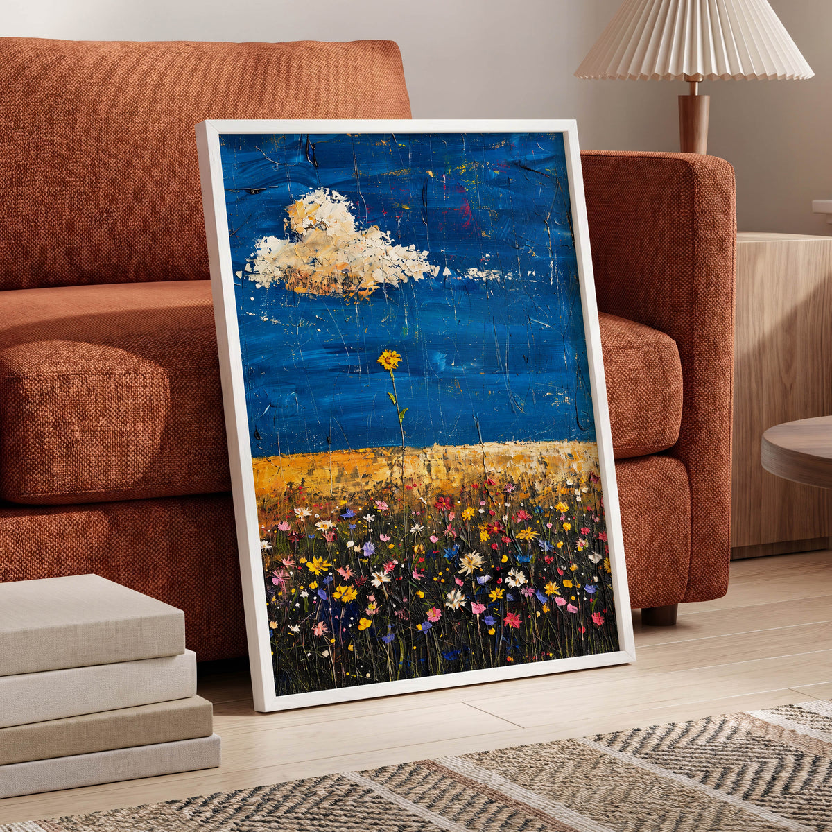 Wildflowers Under Cobalt, blue, black, yellow floral wall art displayed in a styled interior, gallery view 9