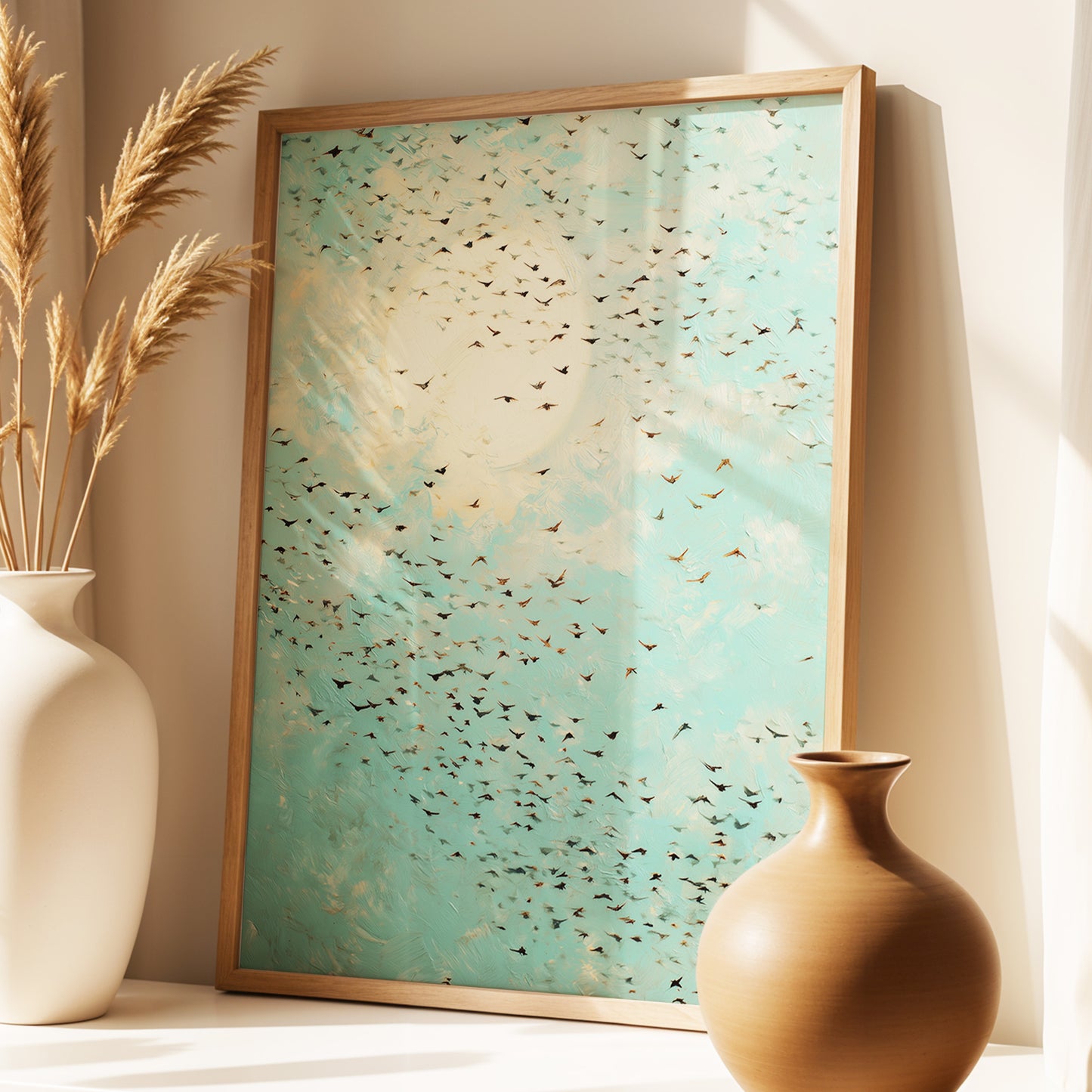 Wings Across the Light, blue, green, beige nature wall art displayed in a styled interior, gallery view 9