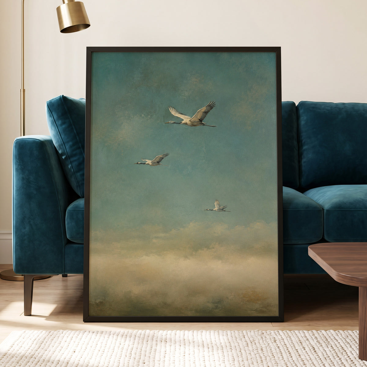 Wings in the Quiet Sky, blue, green, beige nature wall art displayed in a styled interior, gallery view 9