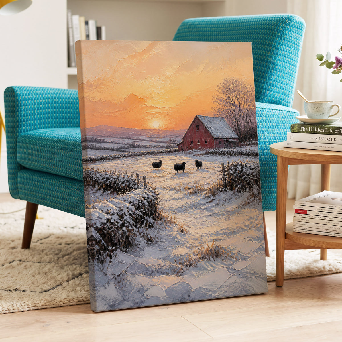 Winter's Ember, white, orange, brown nature wall art on canvas displayed in a styled interior, gallery view 2