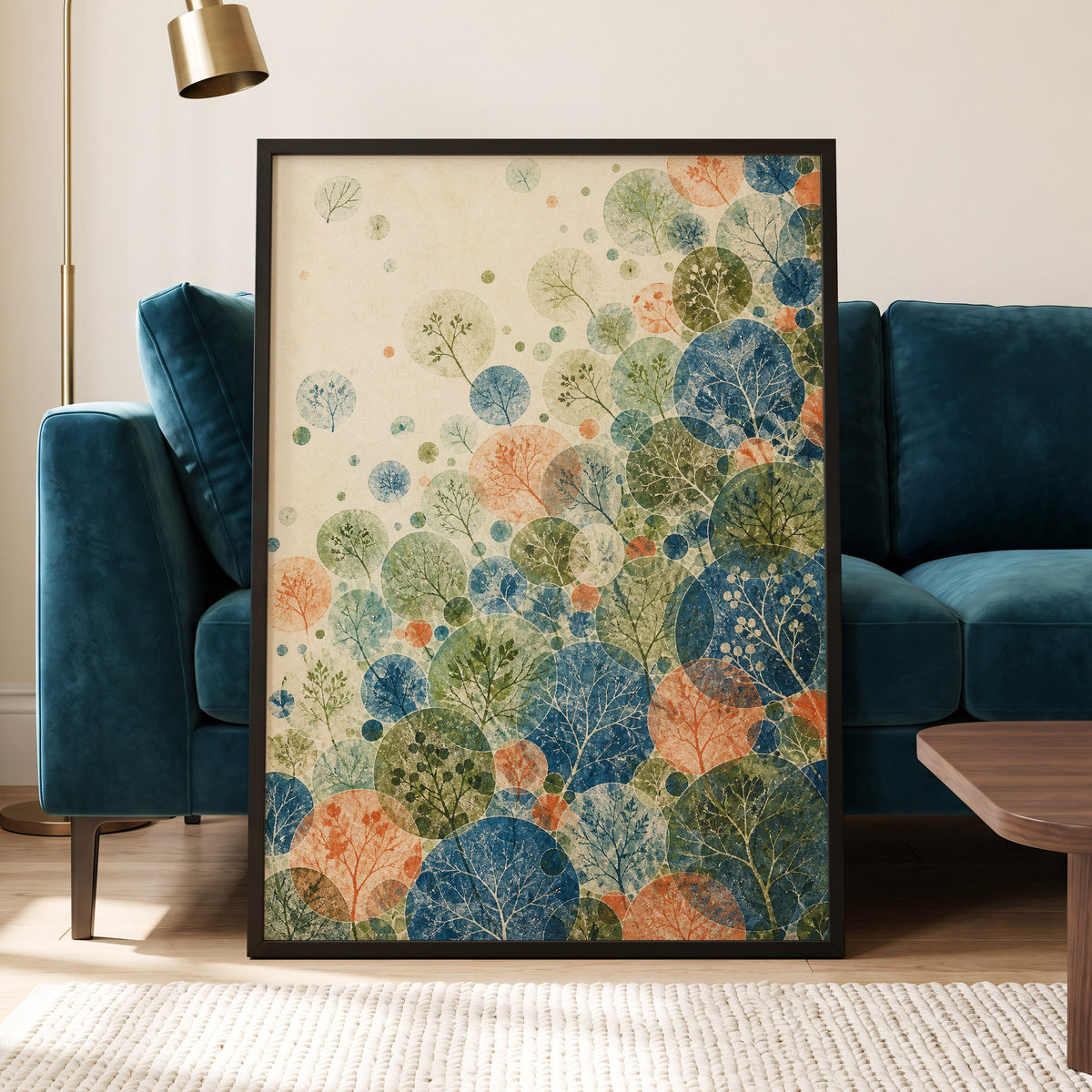 Woodland Constellations, blue, green, beige nature wall art displayed in a styled interior, gallery view 9