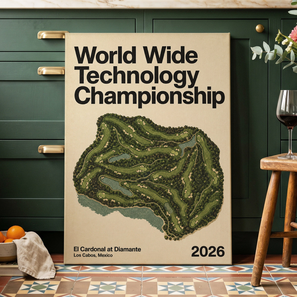 World Wide Fairways, green, beige, black nature wall art on canvas displayed in a styled interior, gallery view 2