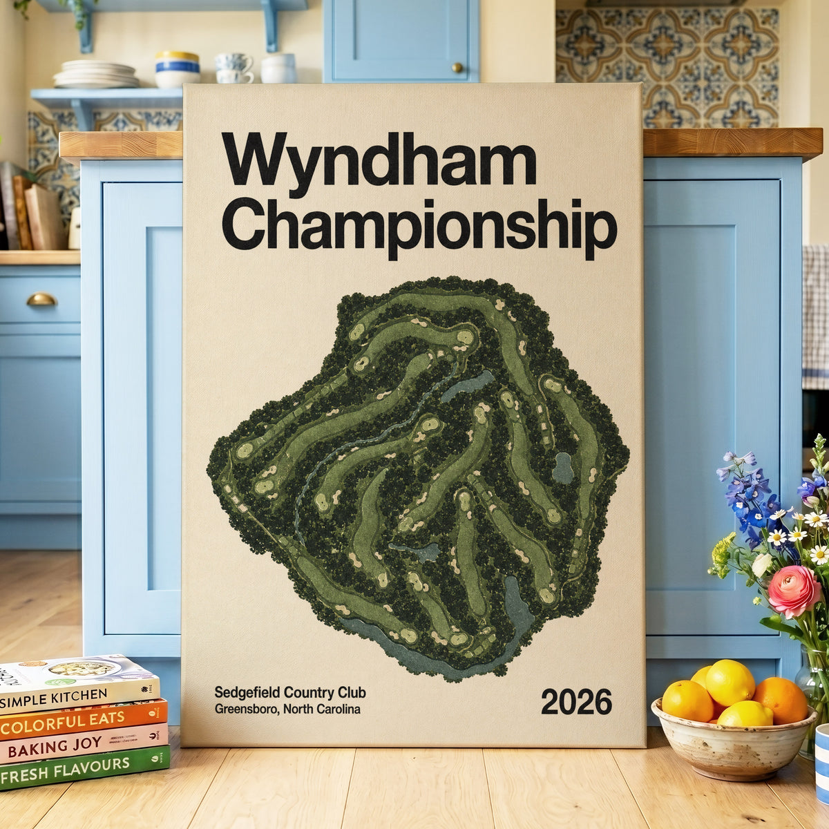 Wyndham Fairways, green, beige, black nature wall art on canvas displayed in a styled interior, gallery view 2
