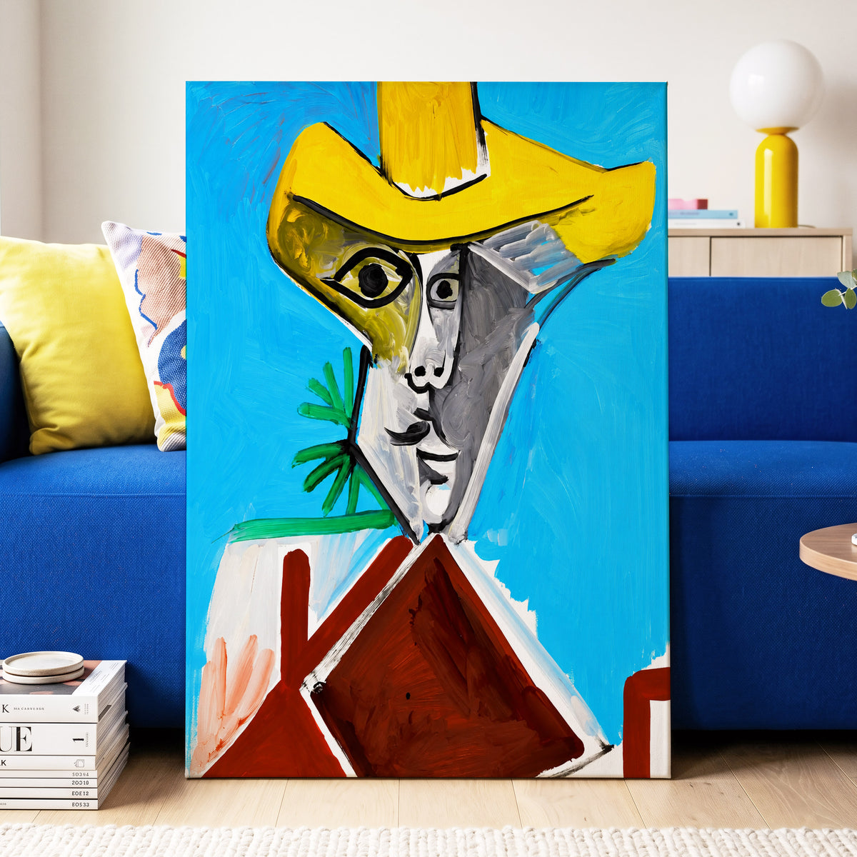 Yellow Hat, Blue Day, blue, yellow, brown abstract wall art on canvas displayed in a styled interior, gallery view 2