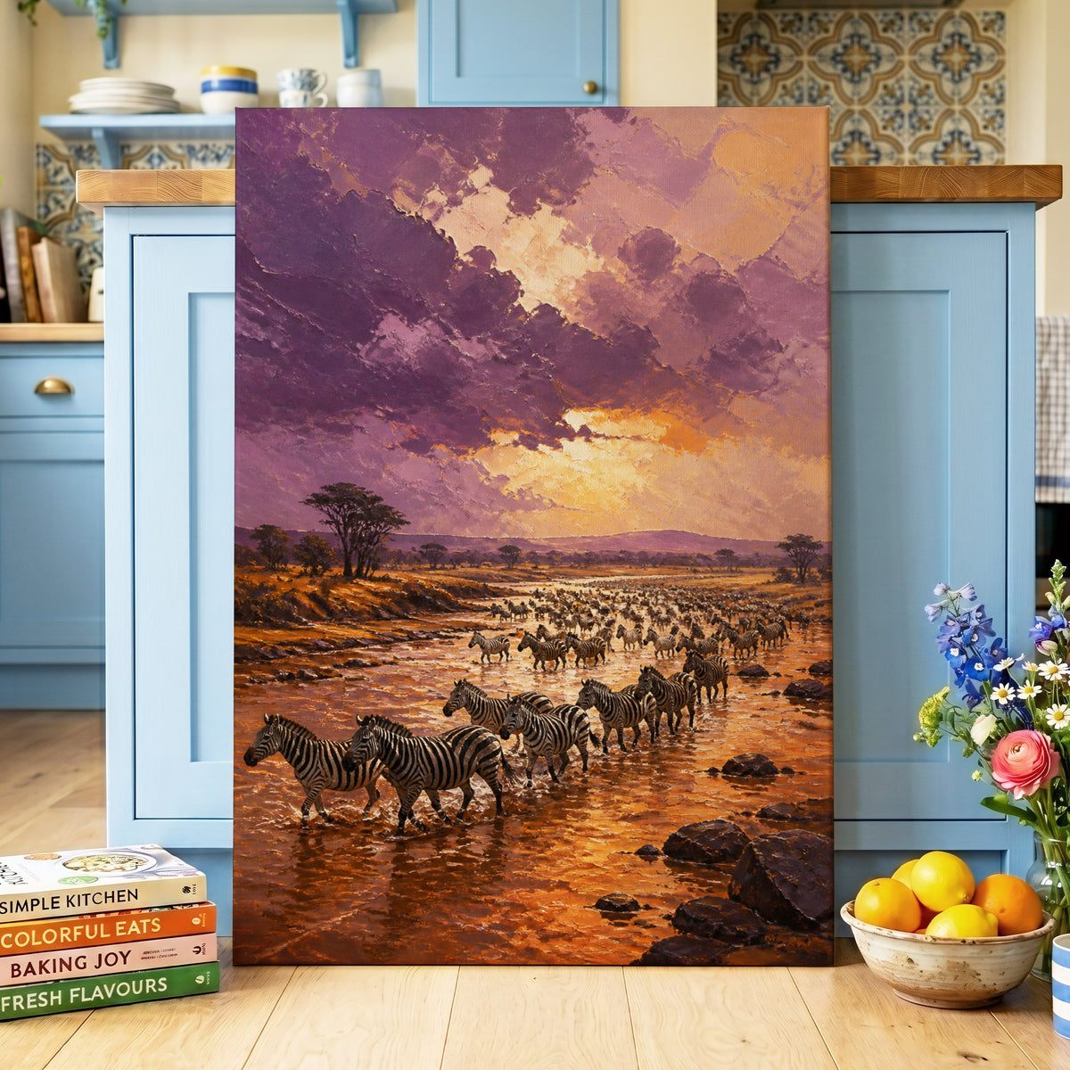 Zebra River at Dusk, purple, orange, brown nature wall art on canvas displayed in a styled interior, gallery view 2