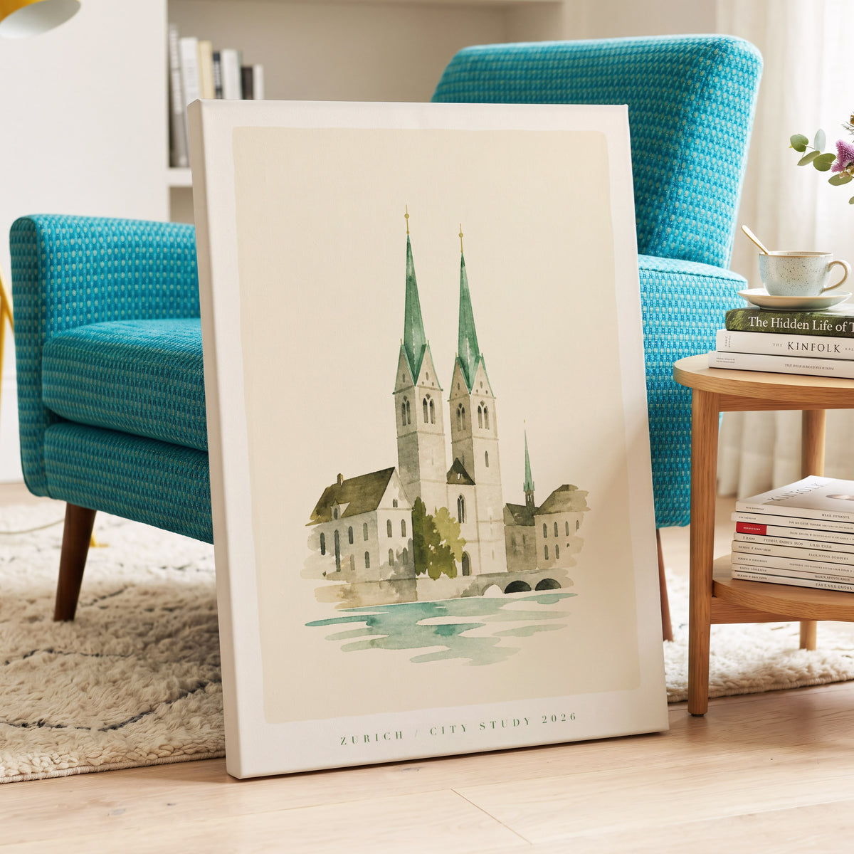 Zurich Twin Spires, green, beige, white minimalist wall art on canvas displayed in a styled interior, gallery view 2