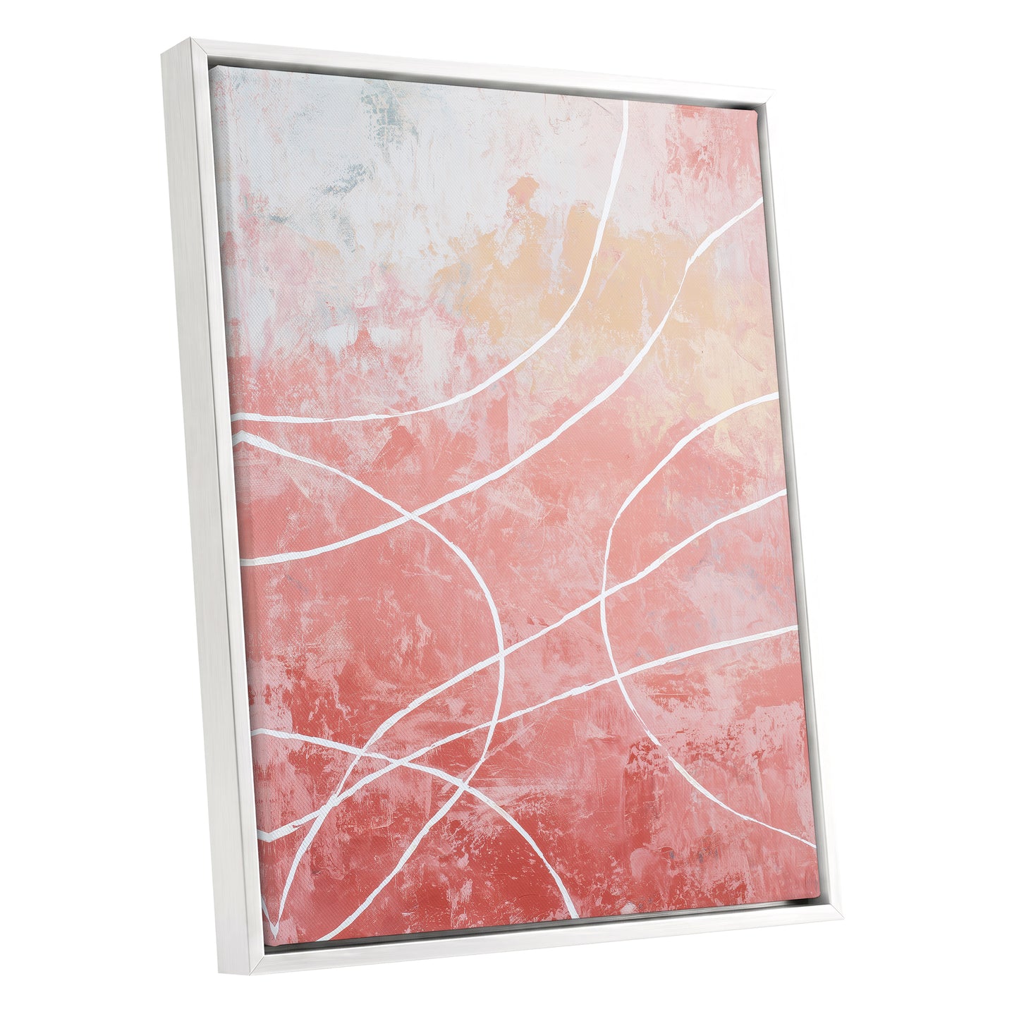 Coral Pink Flowing White Line Abstract Wall Art