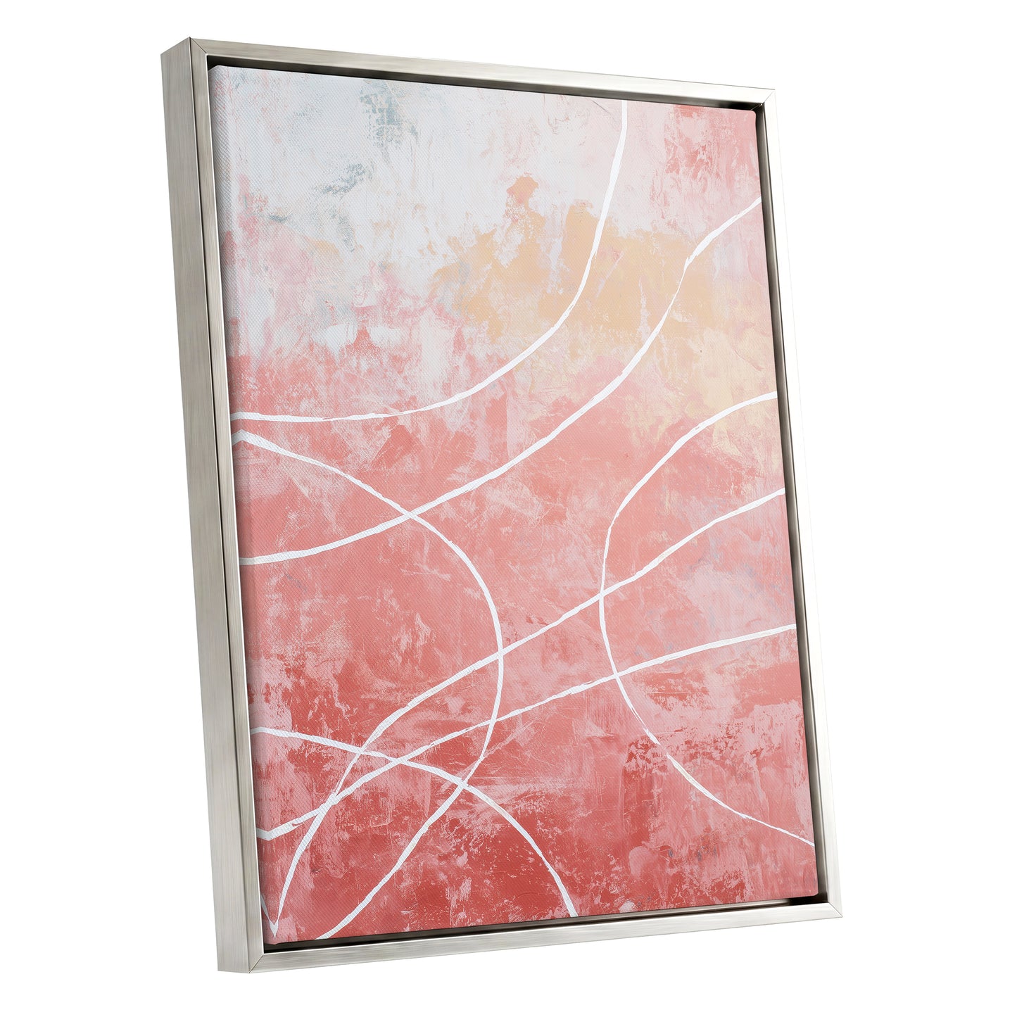 Coral Pink Flowing White Line Abstract Wall Art
