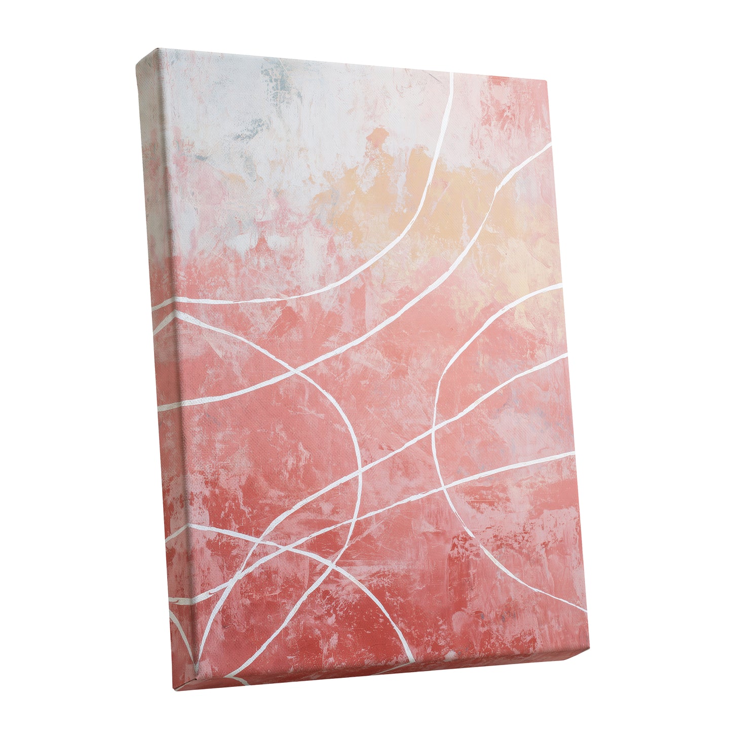 Coral Pink Flowing White Line Abstract Wall Art