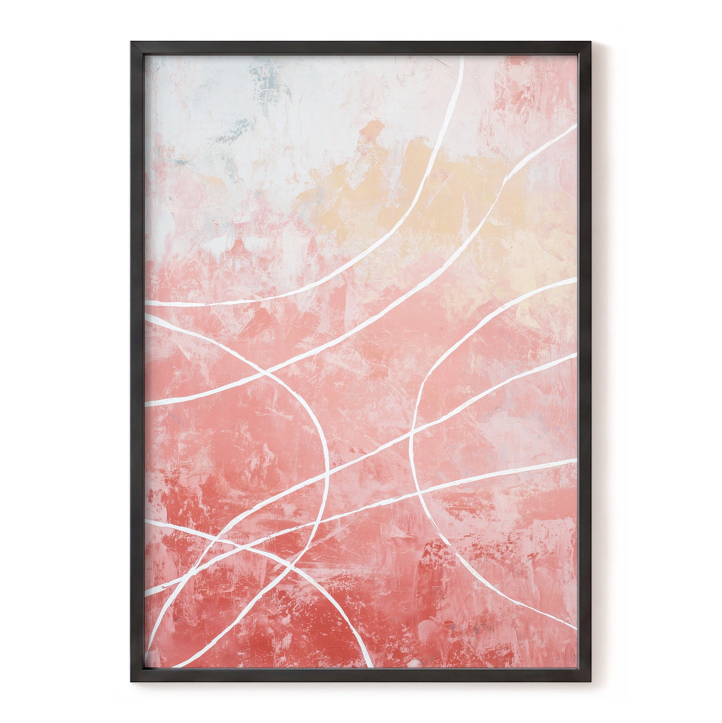 Coral Pink Flowing White Line Abstract Wall Art