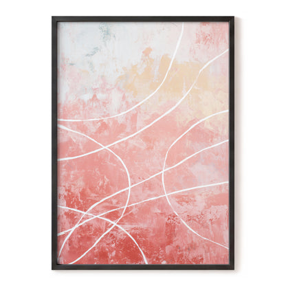 Coral Pink Flowing White Line Abstract Wall Art