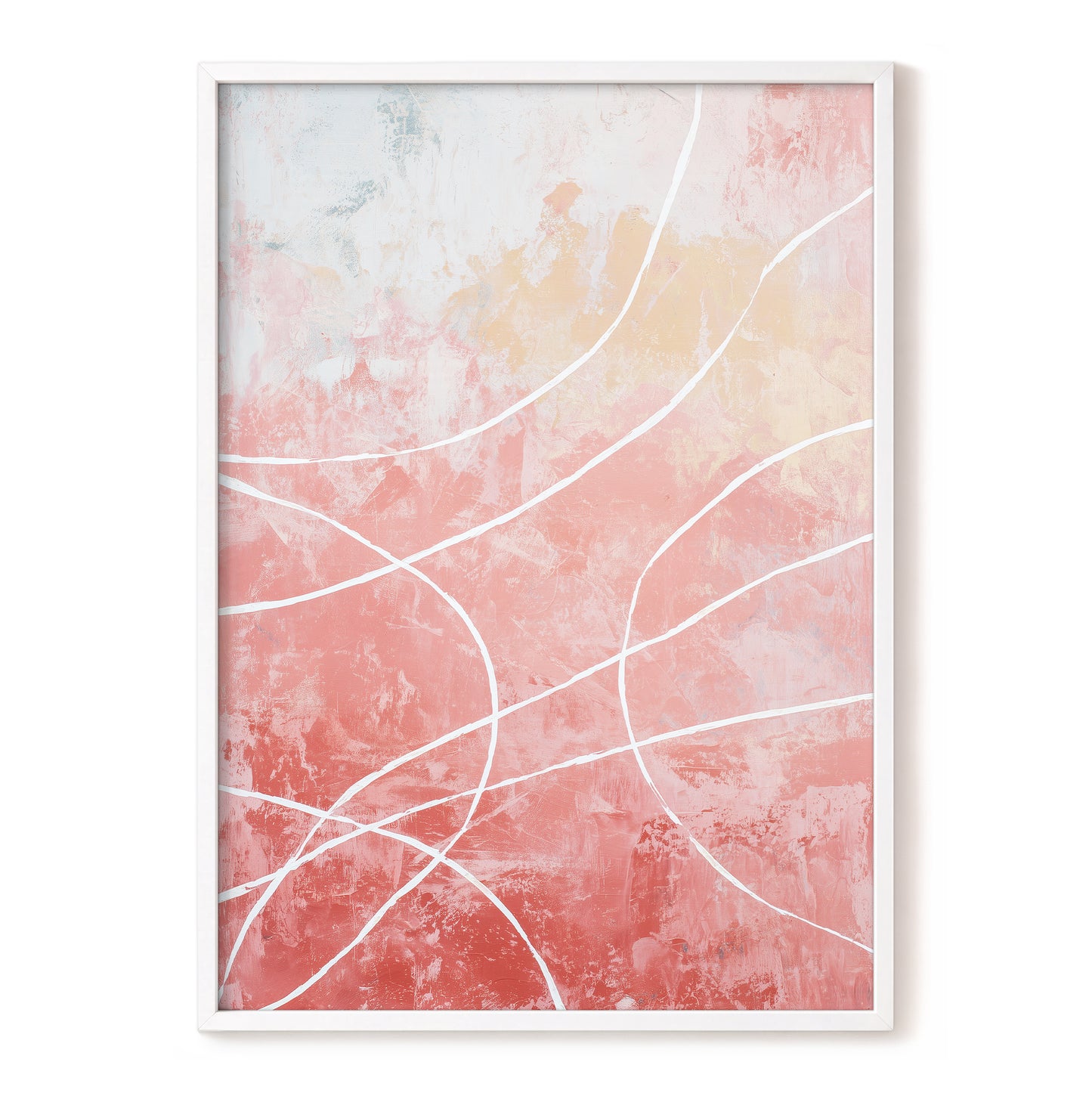 Coral Pink Flowing White Line Abstract Wall Art