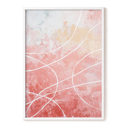 Coral Pink Flowing White Line Abstract Wall Art