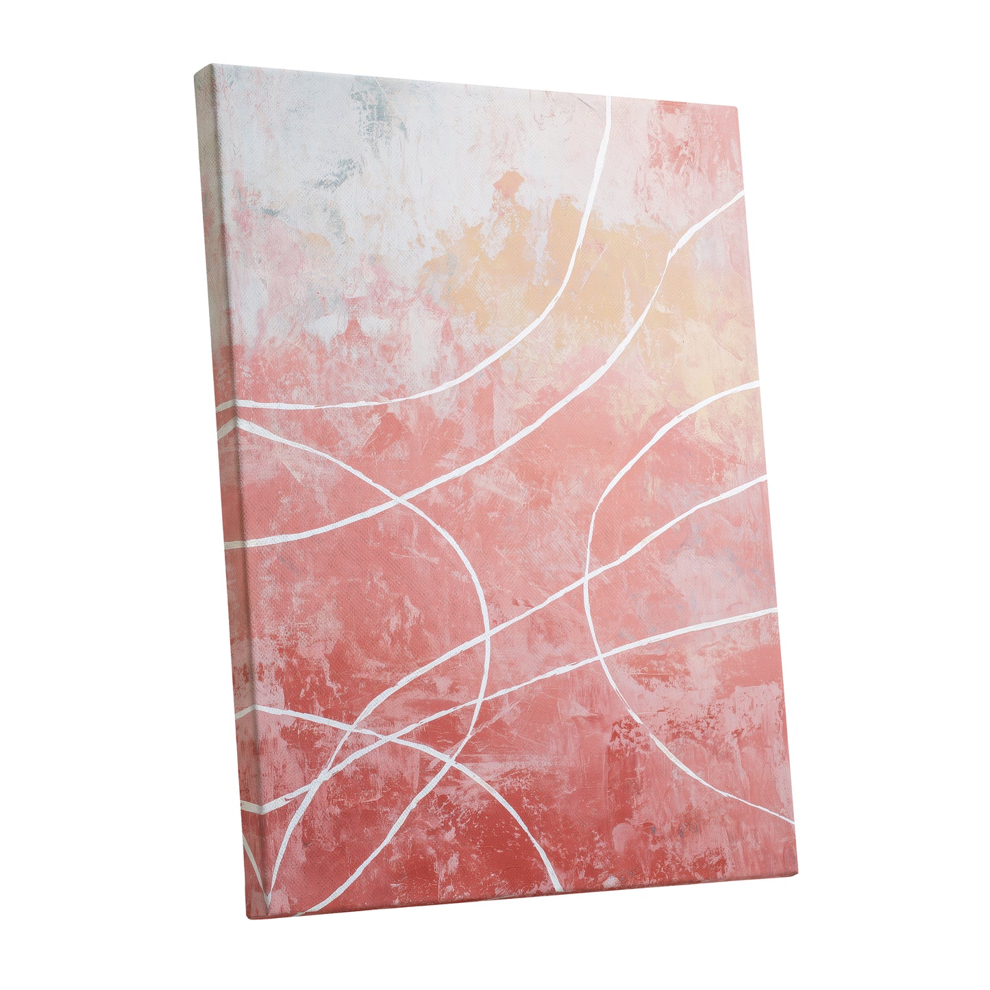Coral Pink Flowing White Line Abstract Wall Art