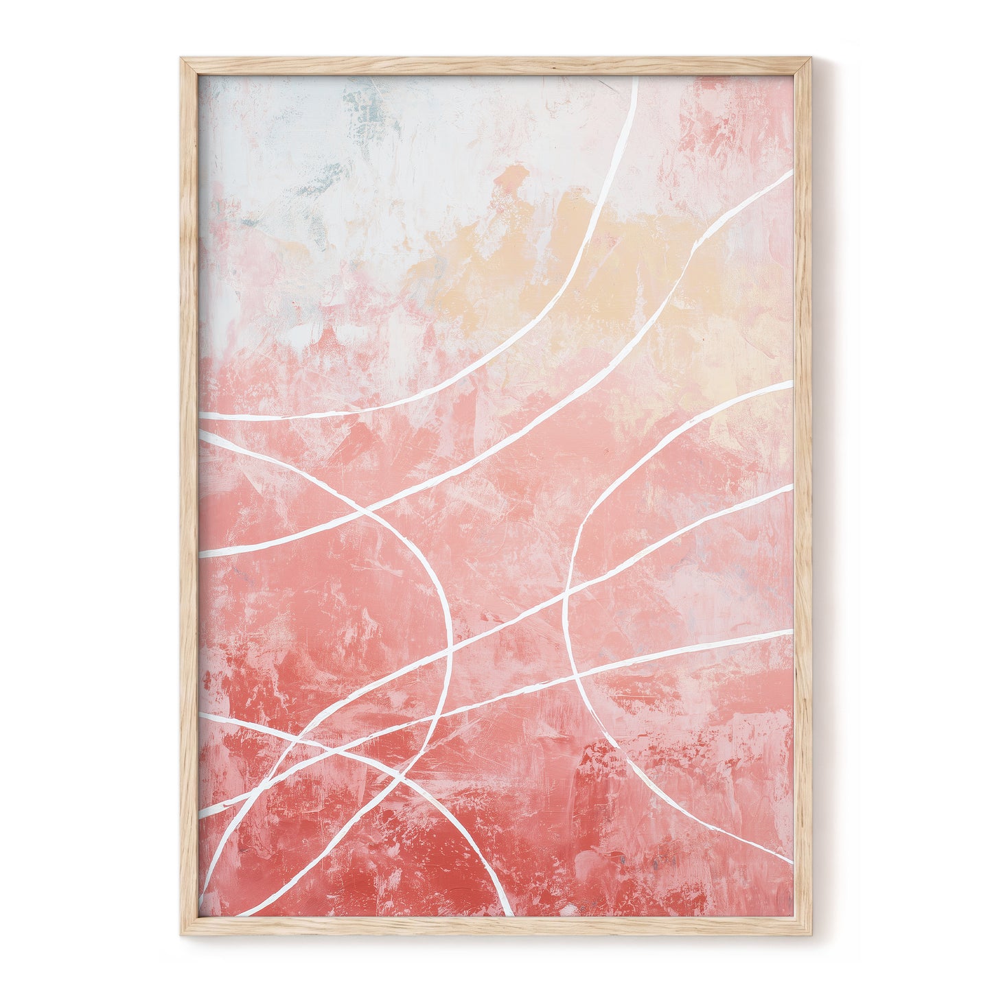 Coral Pink Flowing White Line Abstract Wall Art