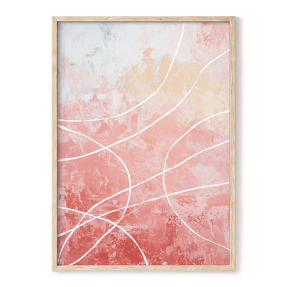 Coral Pink Flowing White Line Abstract Wall Art