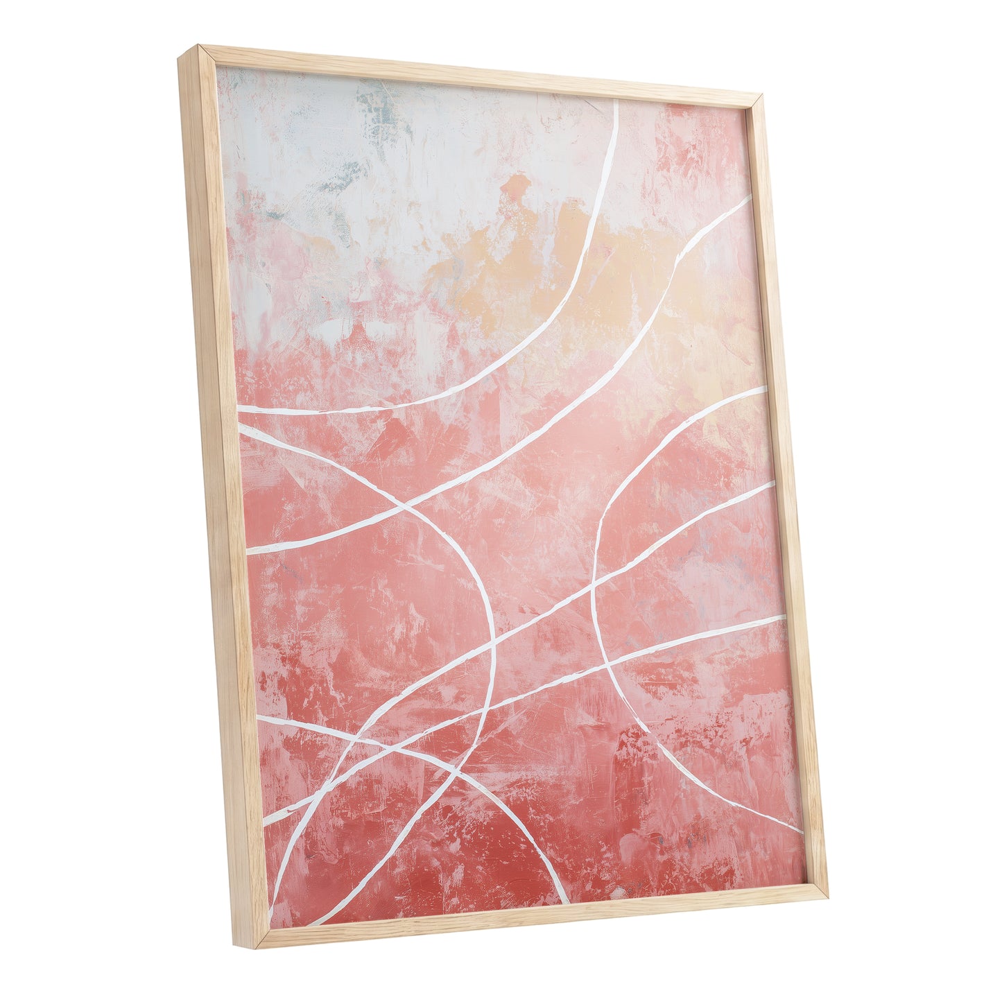 Coral Pink Flowing White Line Abstract Wall Art