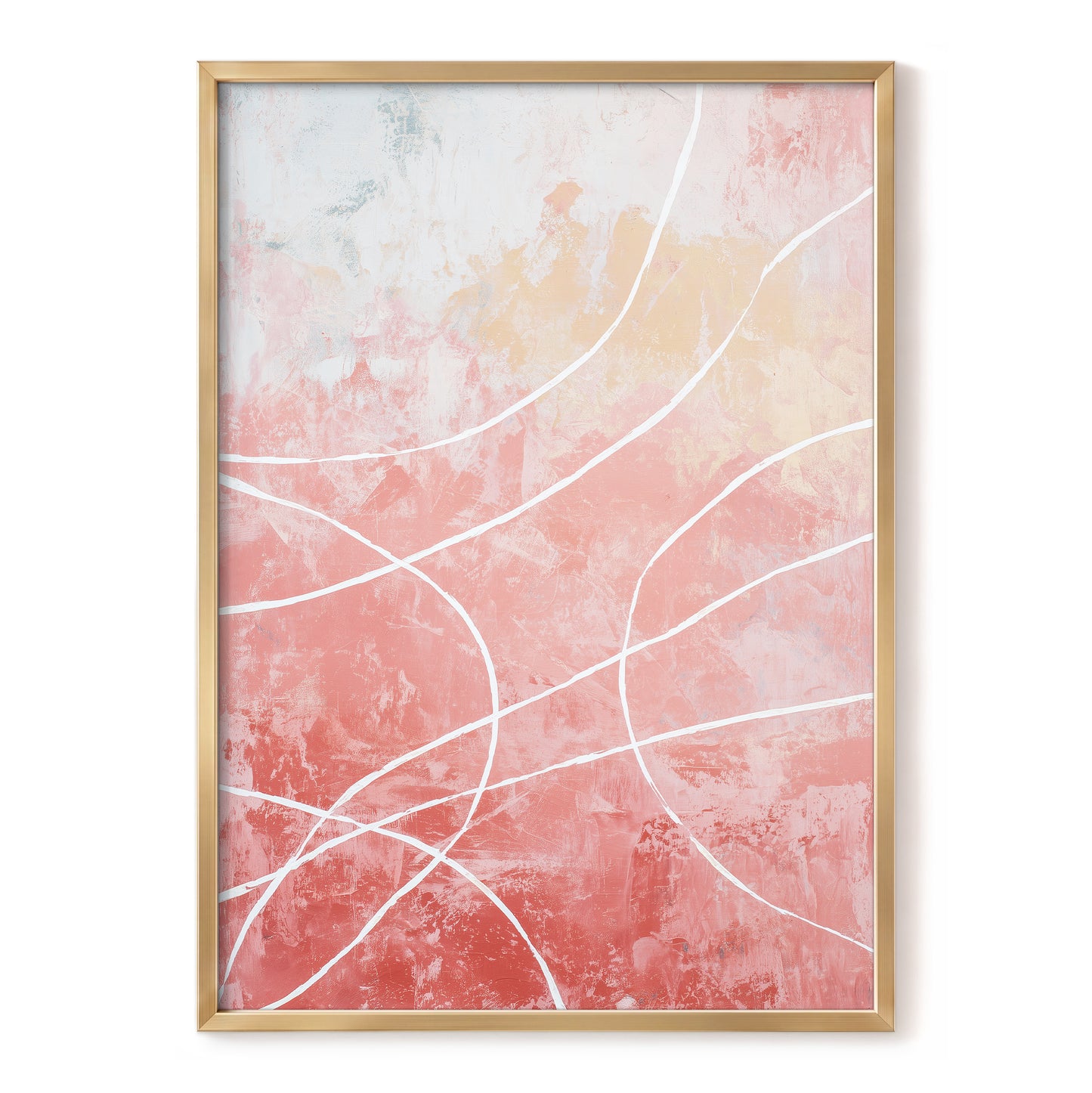 Coral Pink Flowing White Line Abstract Wall Art