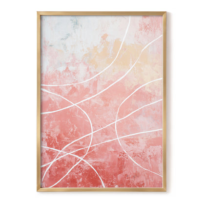 Coral Pink Flowing White Line Abstract Wall Art