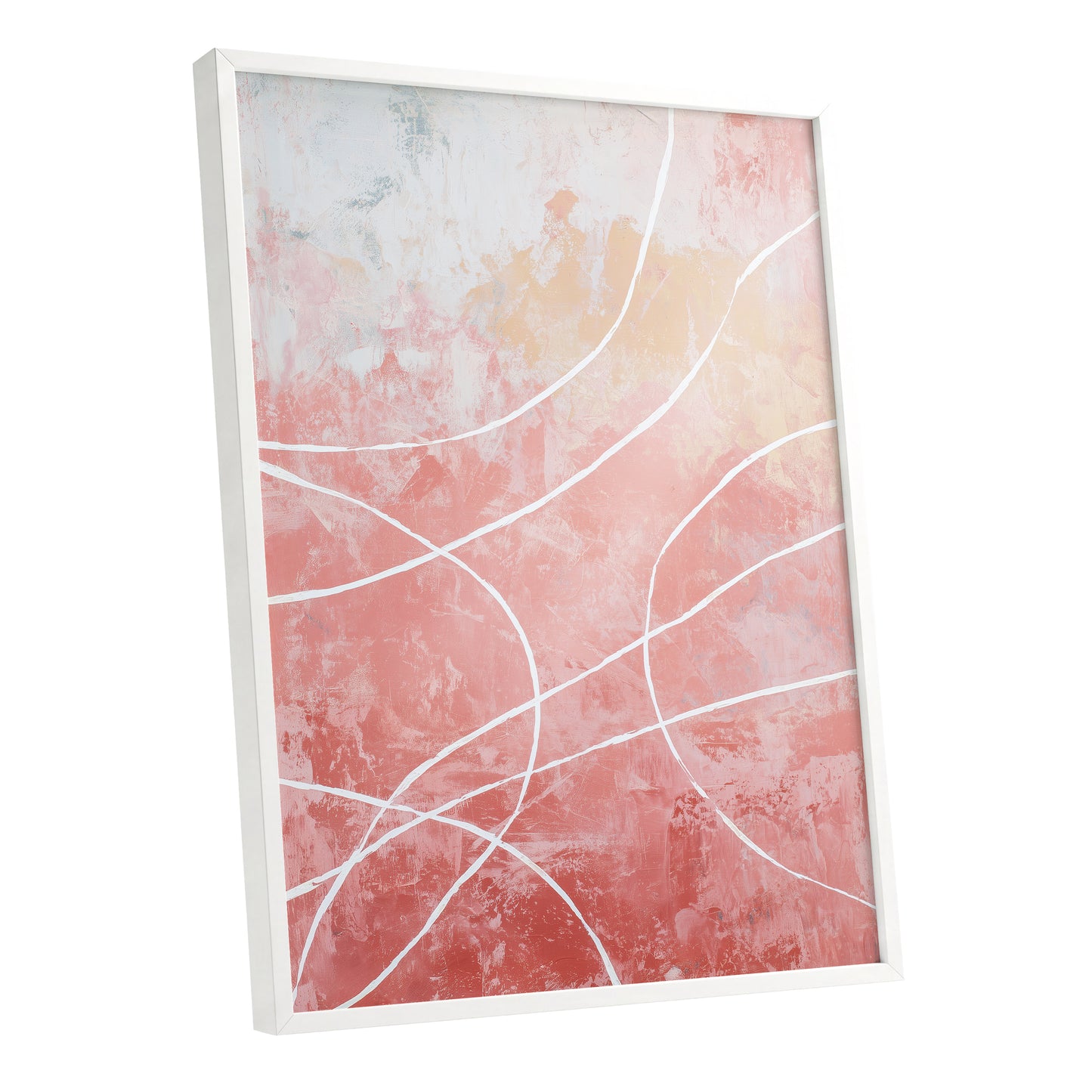 Coral Pink Flowing White Line Abstract Wall Art