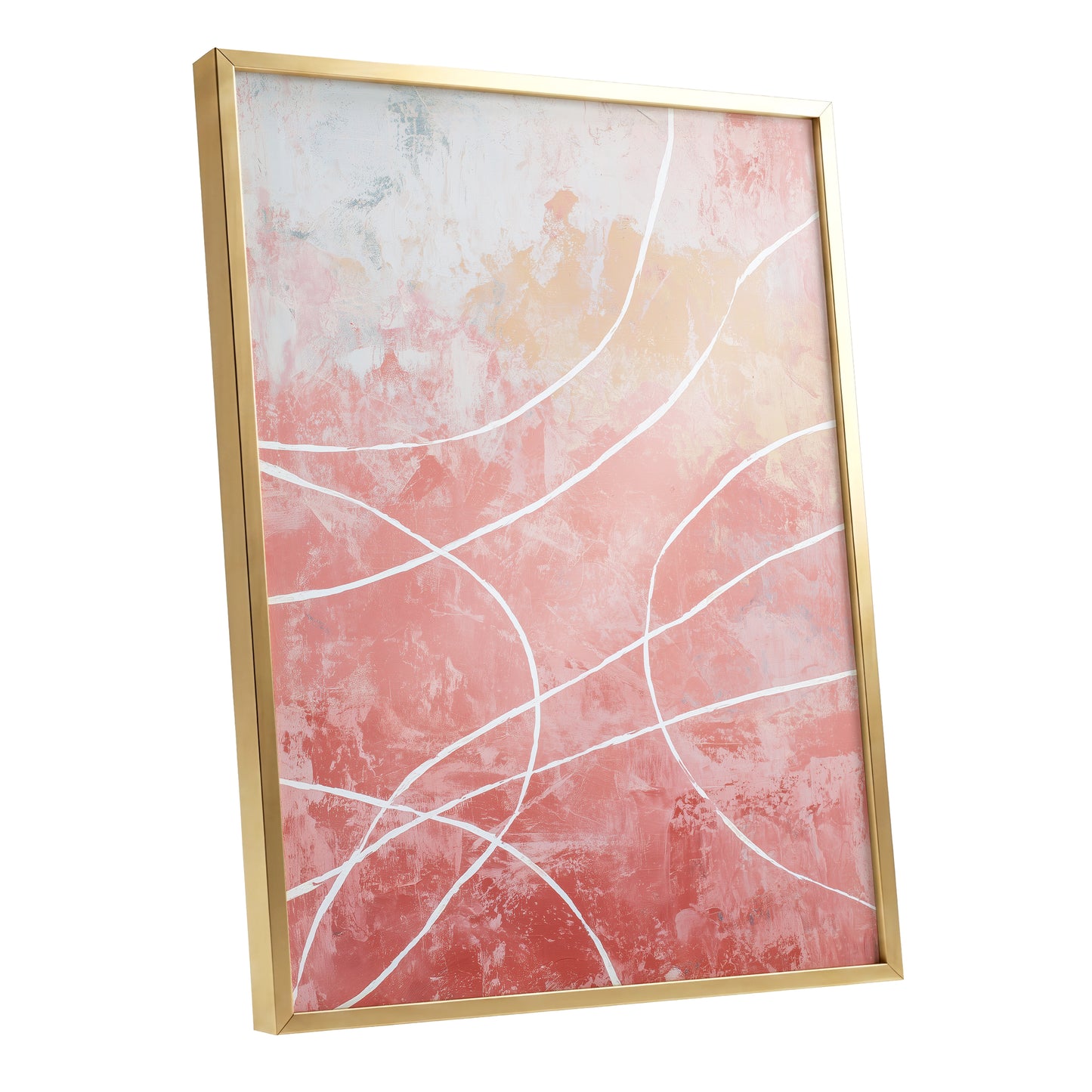 Coral Pink Flowing White Line Abstract Wall Art