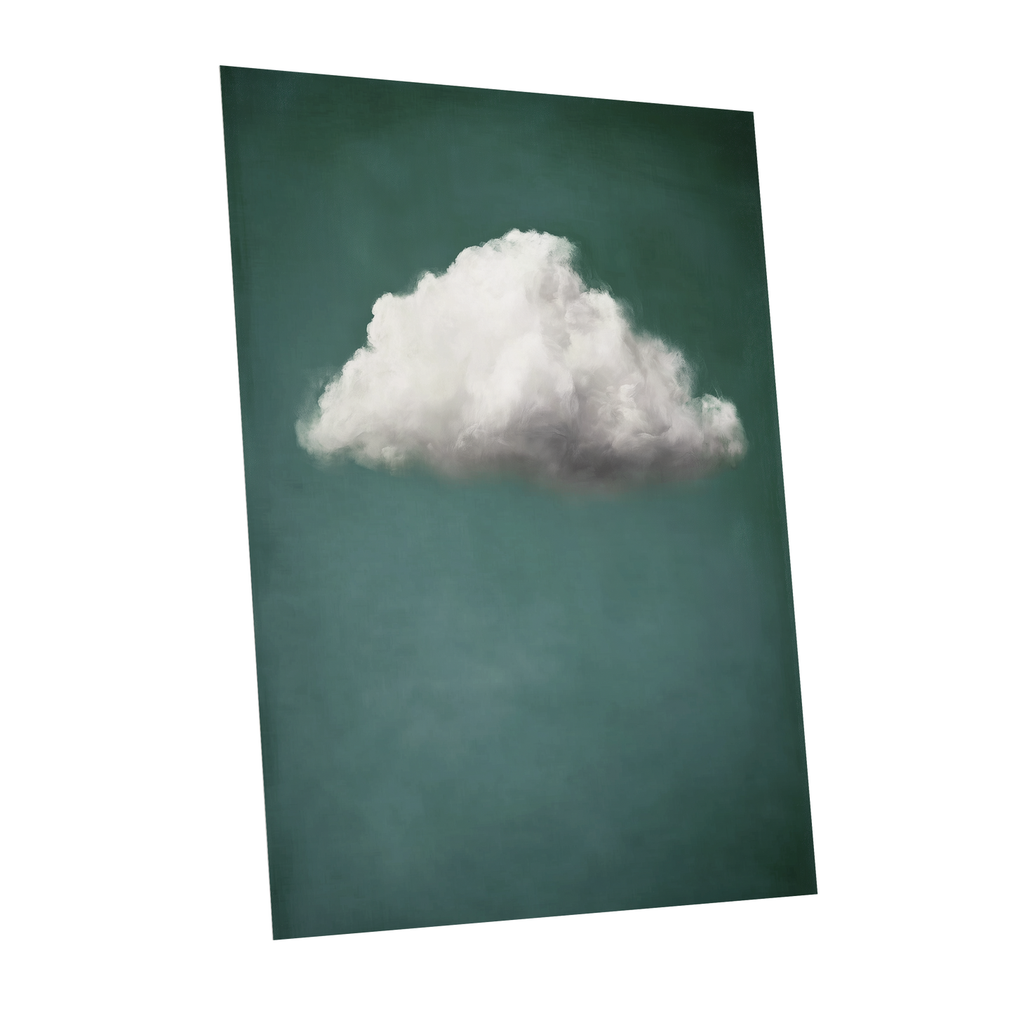 A vertical canvas wall art print featuring a single fluffy white cloud against a dark teal-green background, shown at a slight angle on a plain white backdrop.