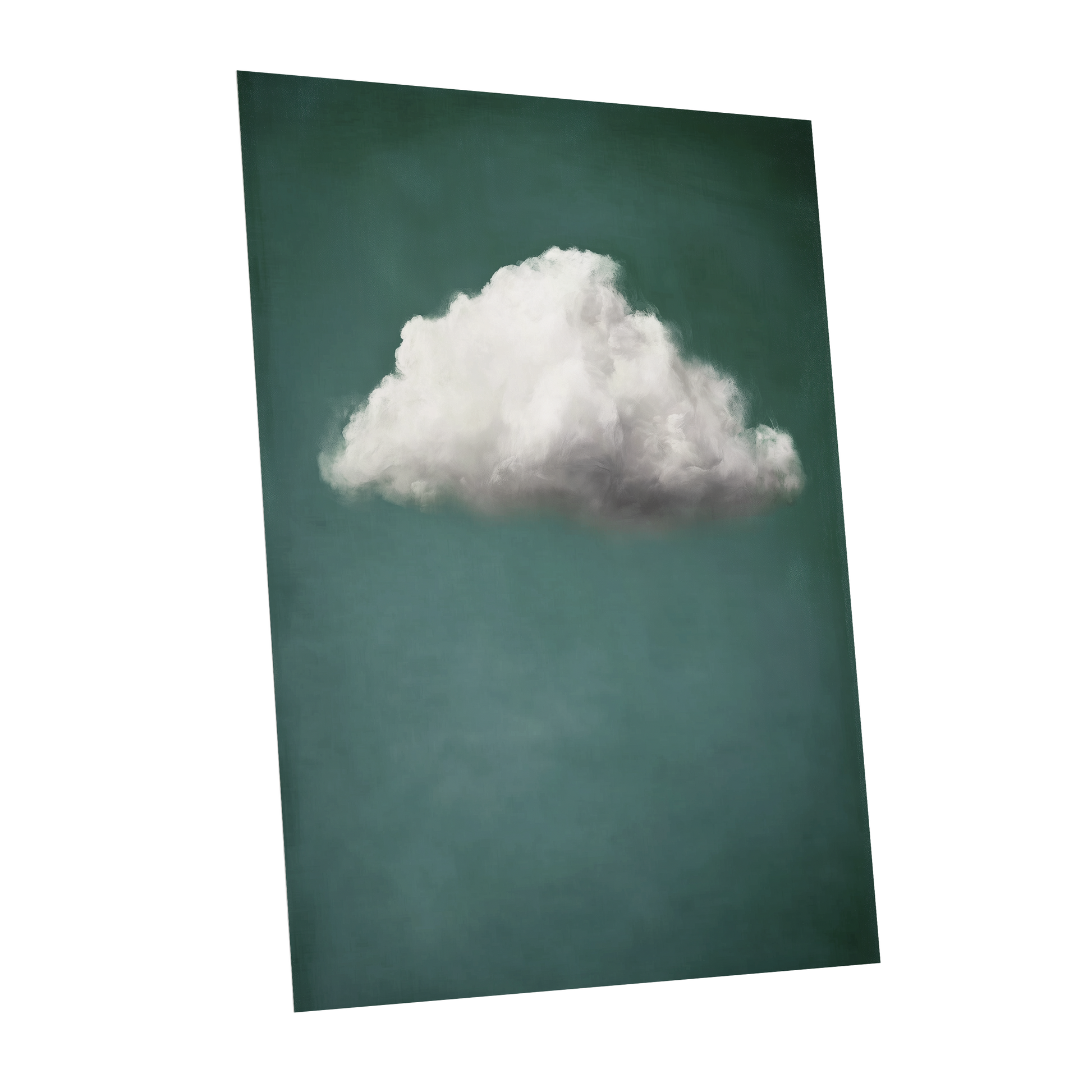 A vertical canvas wall art print featuring a single fluffy white cloud against a dark teal-green background, shown at a slight angle on a plain white backdrop.