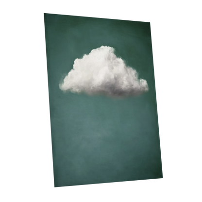 A vertical canvas wall art print featuring a single fluffy white cloud against a dark teal-green background, shown at a slight angle on a plain white backdrop.