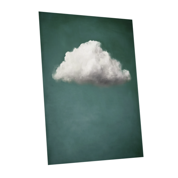 A vertical canvas wall art print featuring a single fluffy white cloud against a dark teal-green background, shown at a slight angle on a plain white backdrop.
