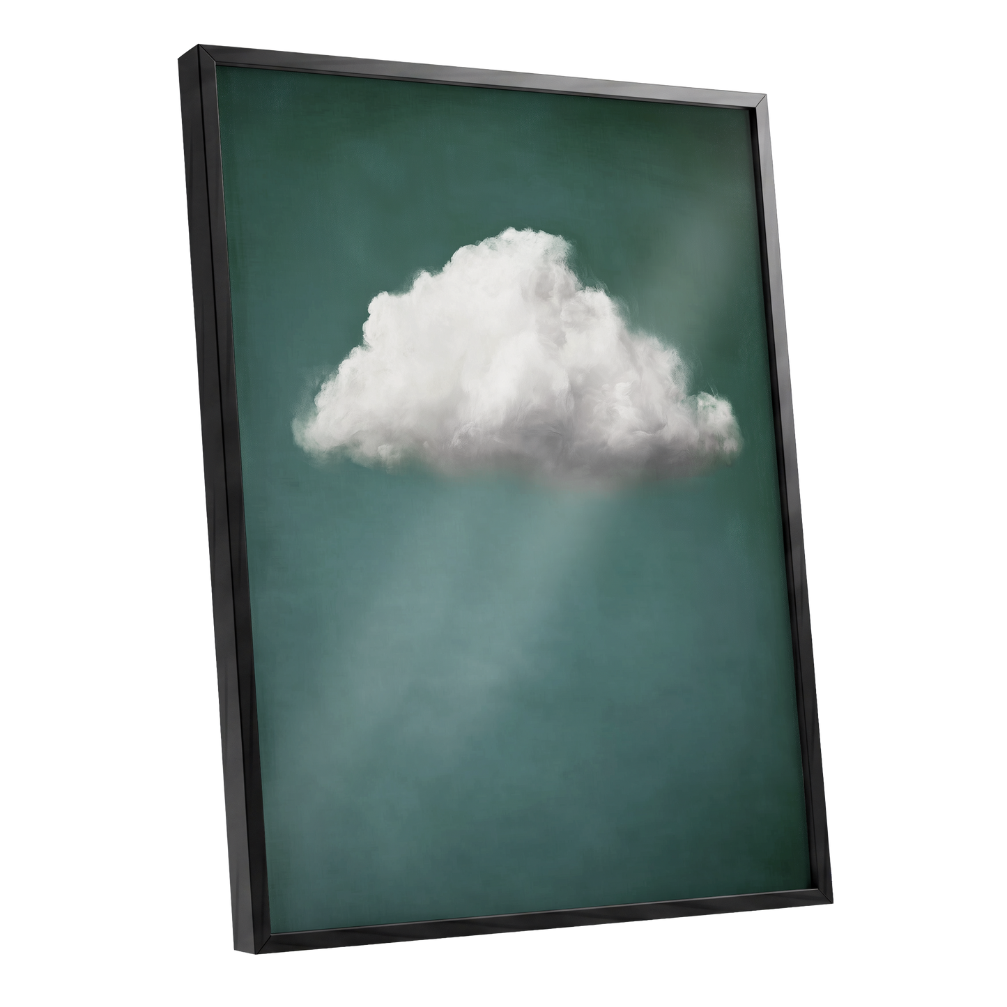 Framed wall art featuring a white cloud against a dark teal-green background with soft light rays, shown in a black frame on a white studio background.