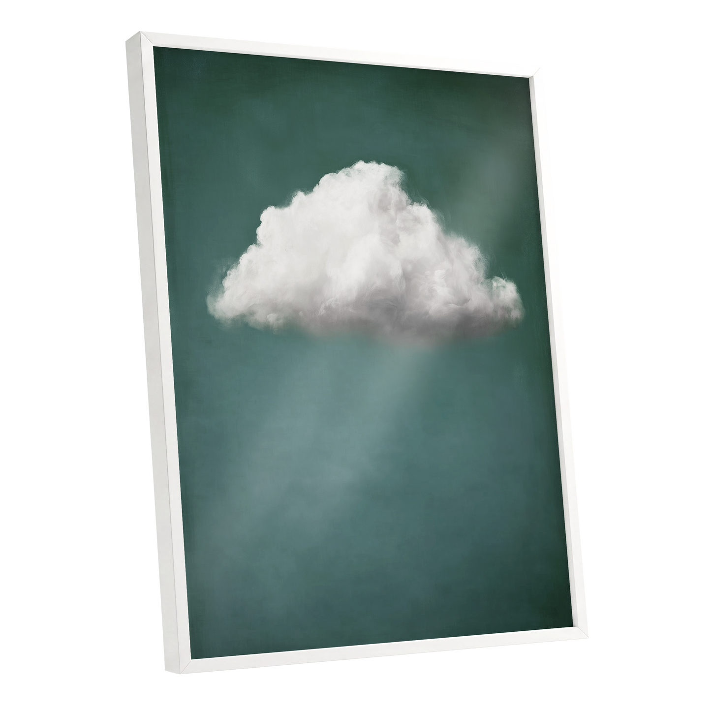 A vertical framed wall art print showing a single white cloud against a dark teal-green sky with soft light rays, photographed at an angle with a white frame on a light gray background.