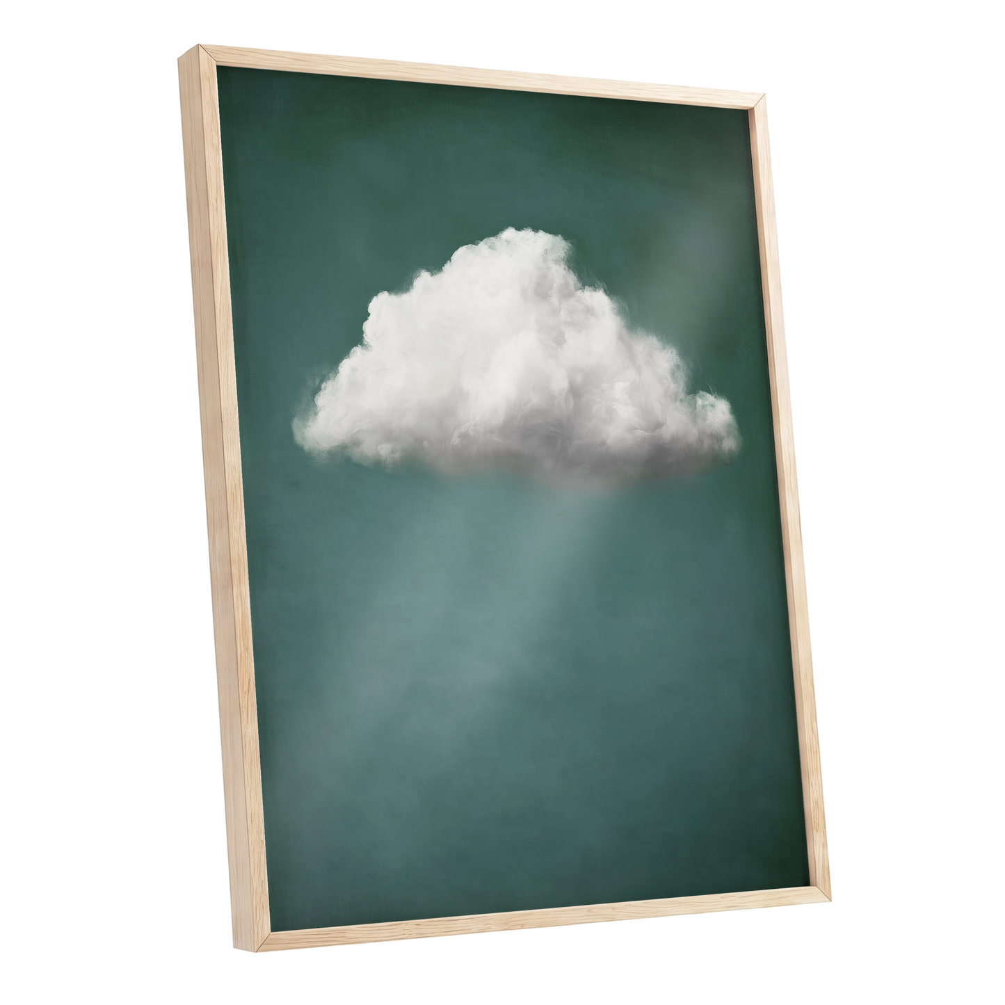 A framed wall art print featuring a single white cloud against a dark teal-green background with soft light rays, shown in a light natural wood frame on a white background.