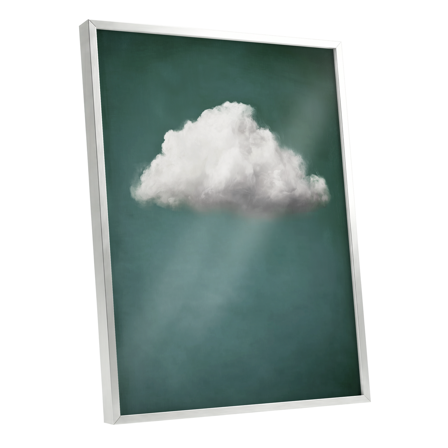 A framed wall art print featuring a single white cloud against a dark teal-green background with soft light rays, shown at an angle with a white frame on a light gray background.