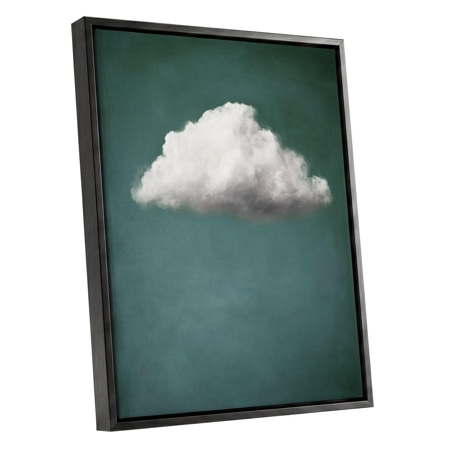 A framed wall art print featuring a single white cloud against a deep teal-green background, shown at an angle with a black floating frame on a white studio background.