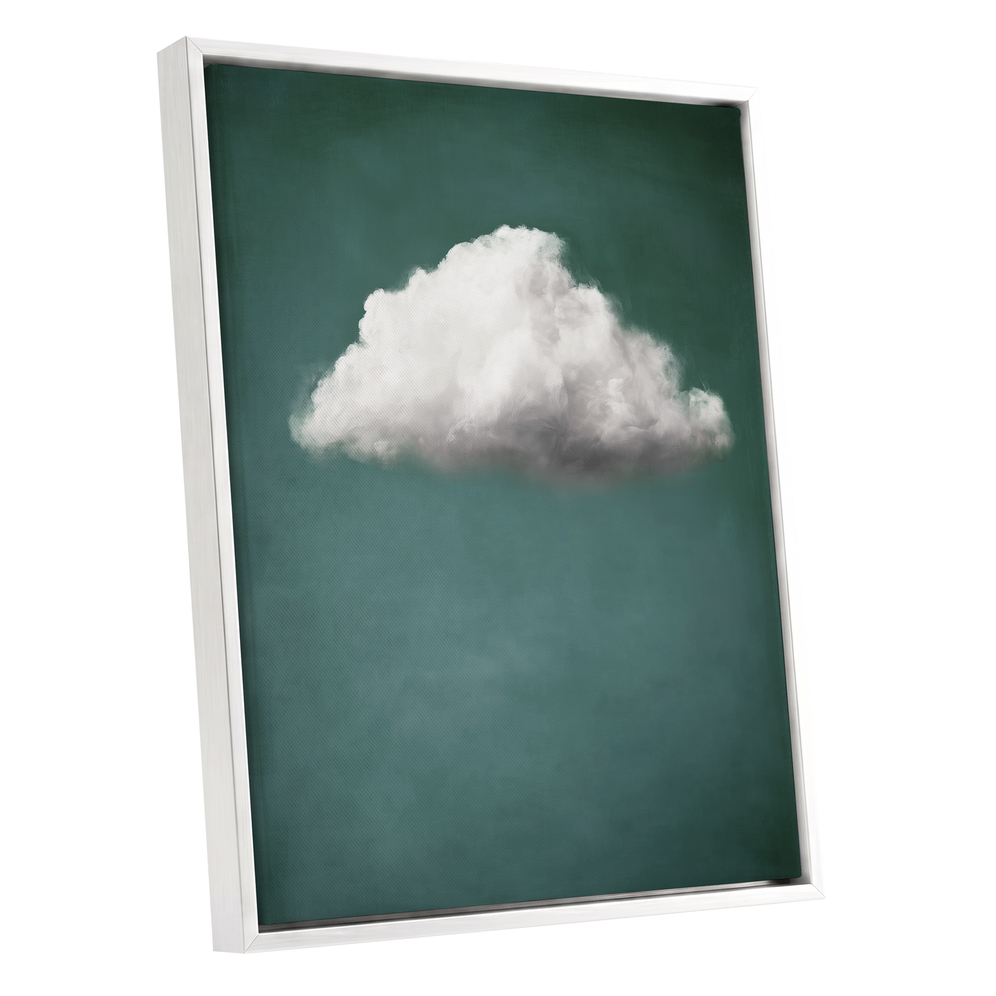 A framed wall art print featuring a single fluffy white cloud against a deep teal-green background, shown at an angle with a white floating frame on a light gray studio background.