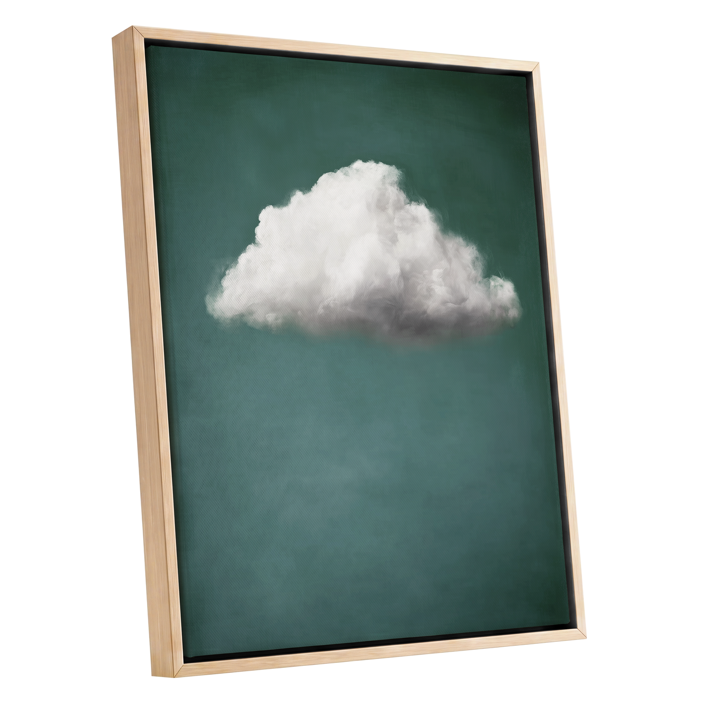 Framed wall art featuring a single white cloud centered on a dark teal-green background, shown in a light natural wood frame against a plain white backdrop.