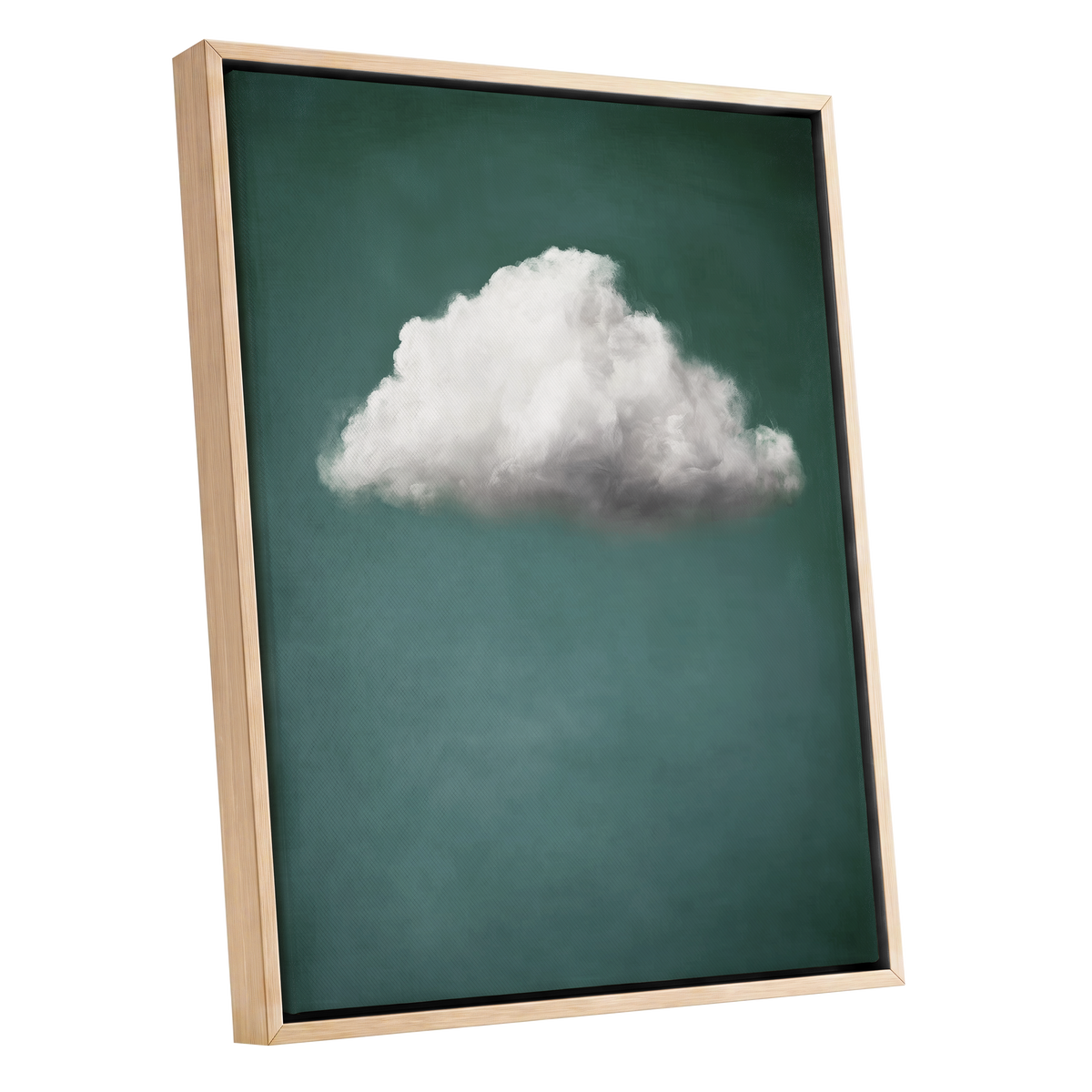 Framed wall art featuring a single white cloud centered on a dark teal-green background, shown in a light natural wood frame against a plain white backdrop.