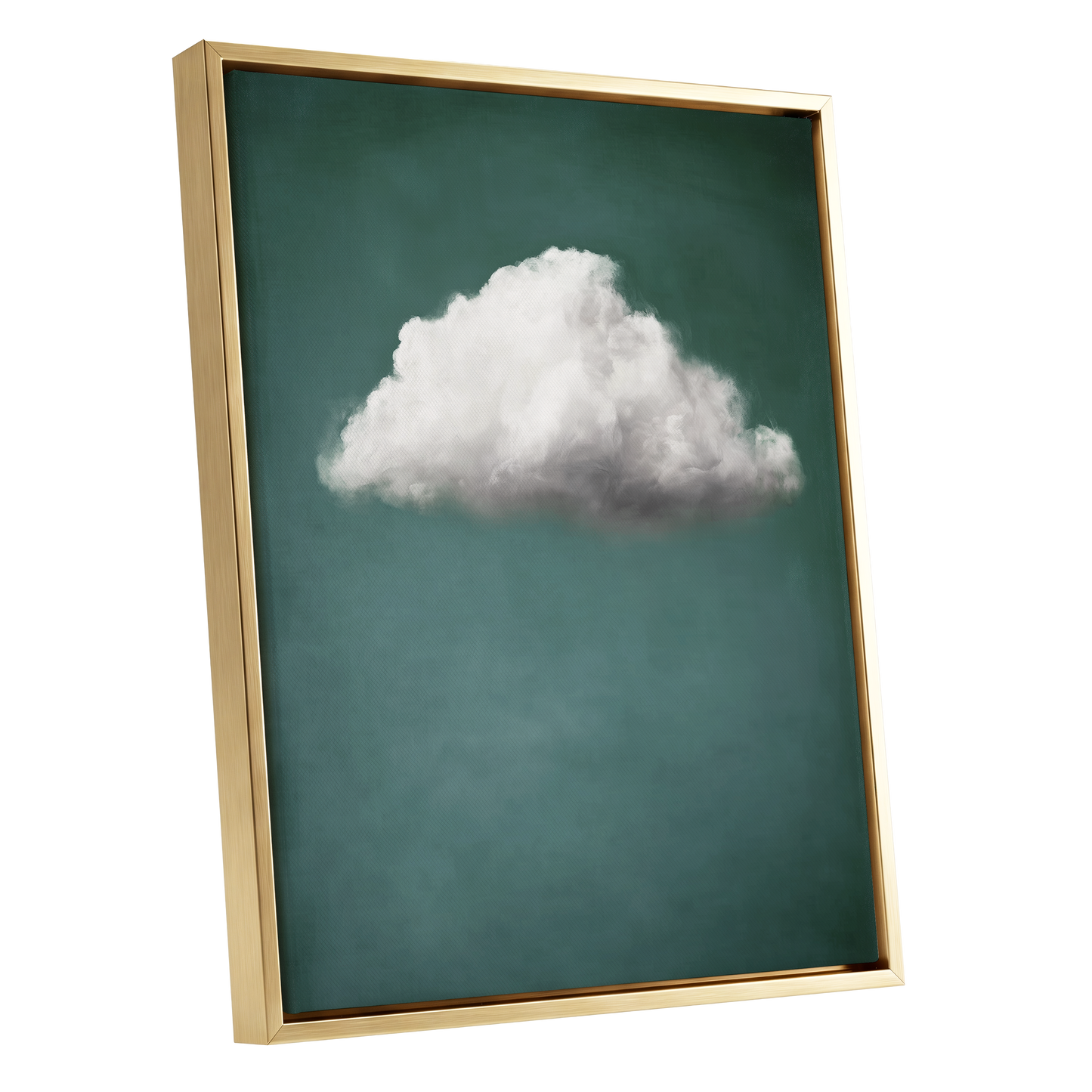 A framed wall art print featuring a single fluffy white cloud centered on a muted teal background, shown in a gold-toned frame against a plain white backdrop.