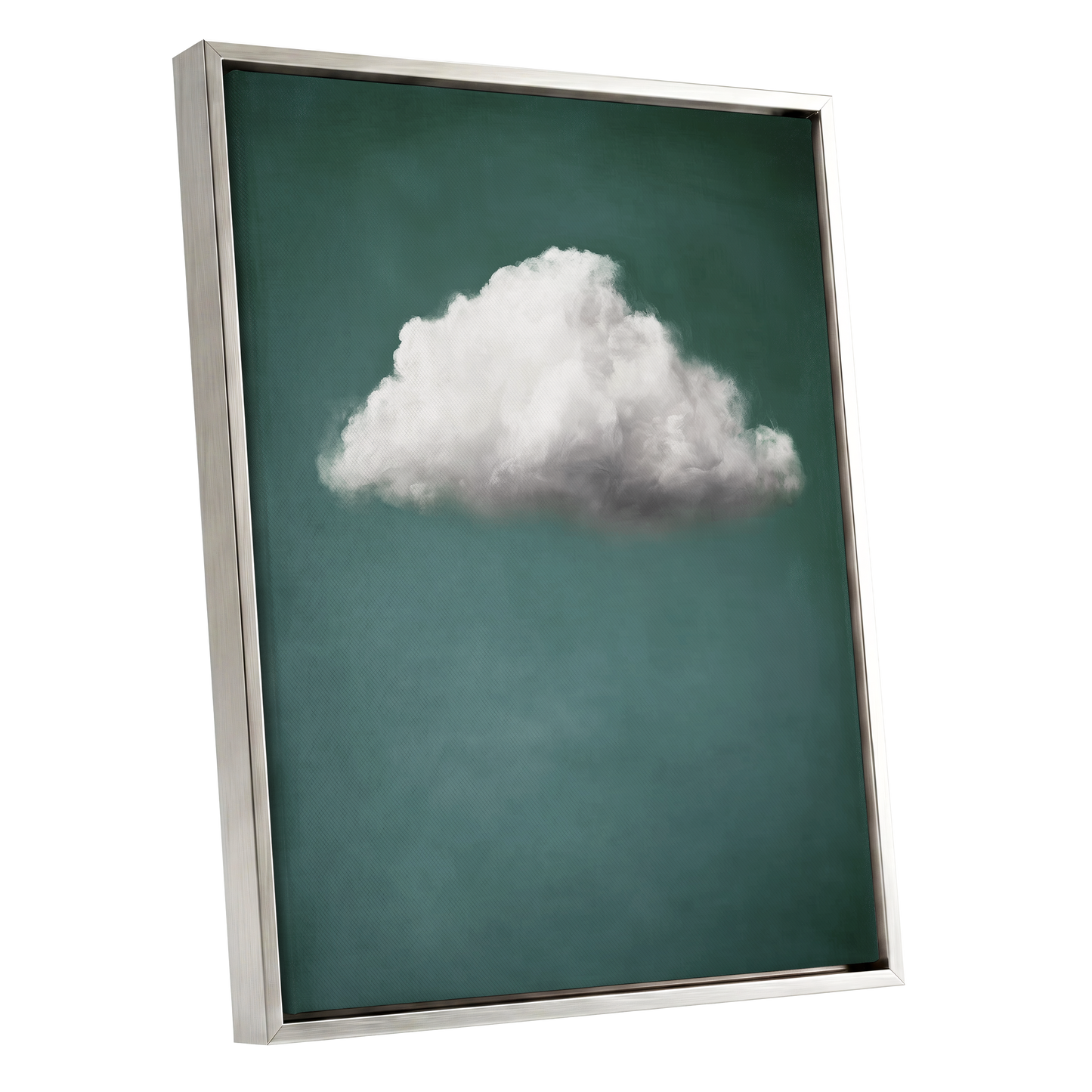 A framed wall art print featuring a single white cloud against a deep teal background, shown at an angle with a silver frame on a white background.