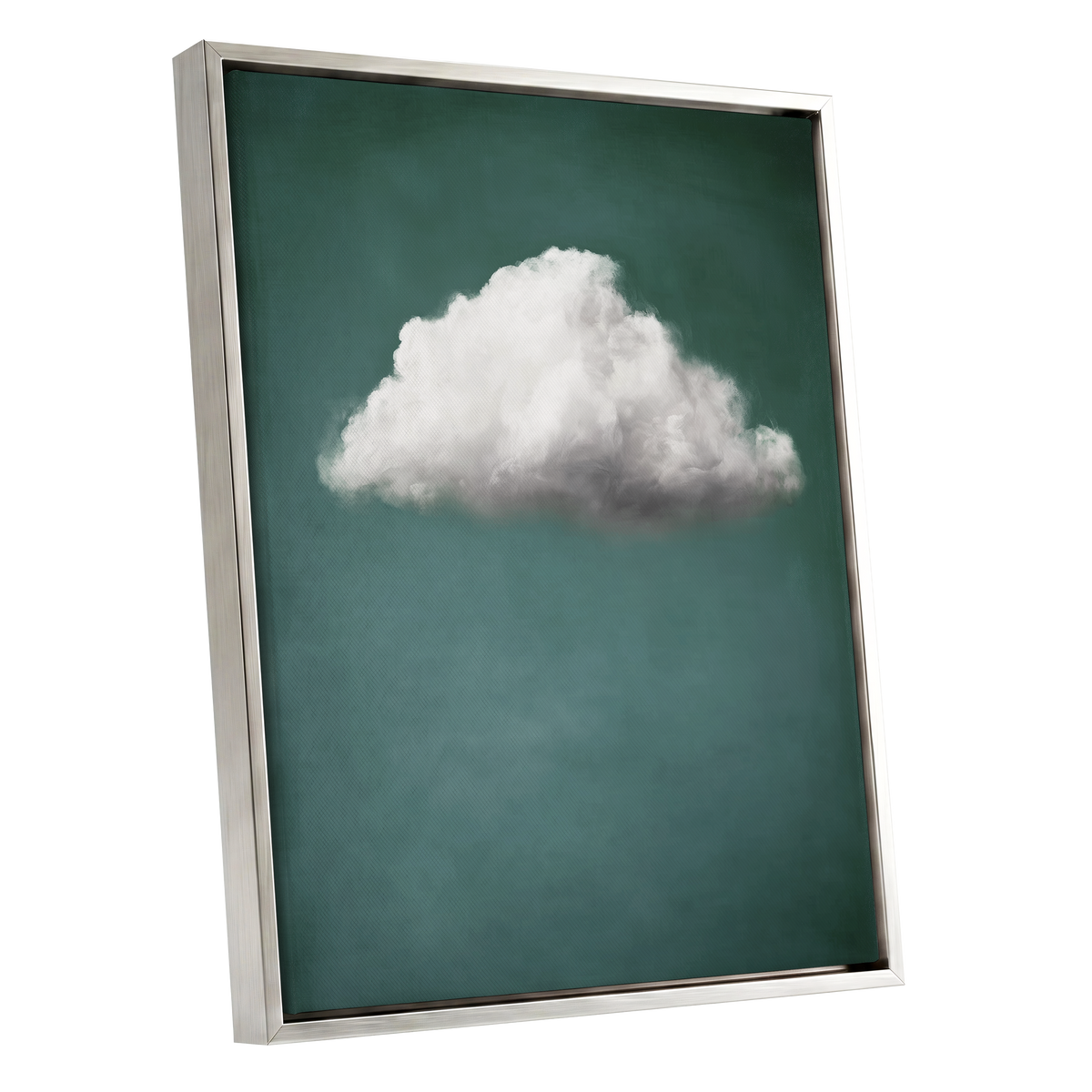 A framed wall art print featuring a single white cloud against a deep teal background, shown at an angle with a silver frame on a white background.
